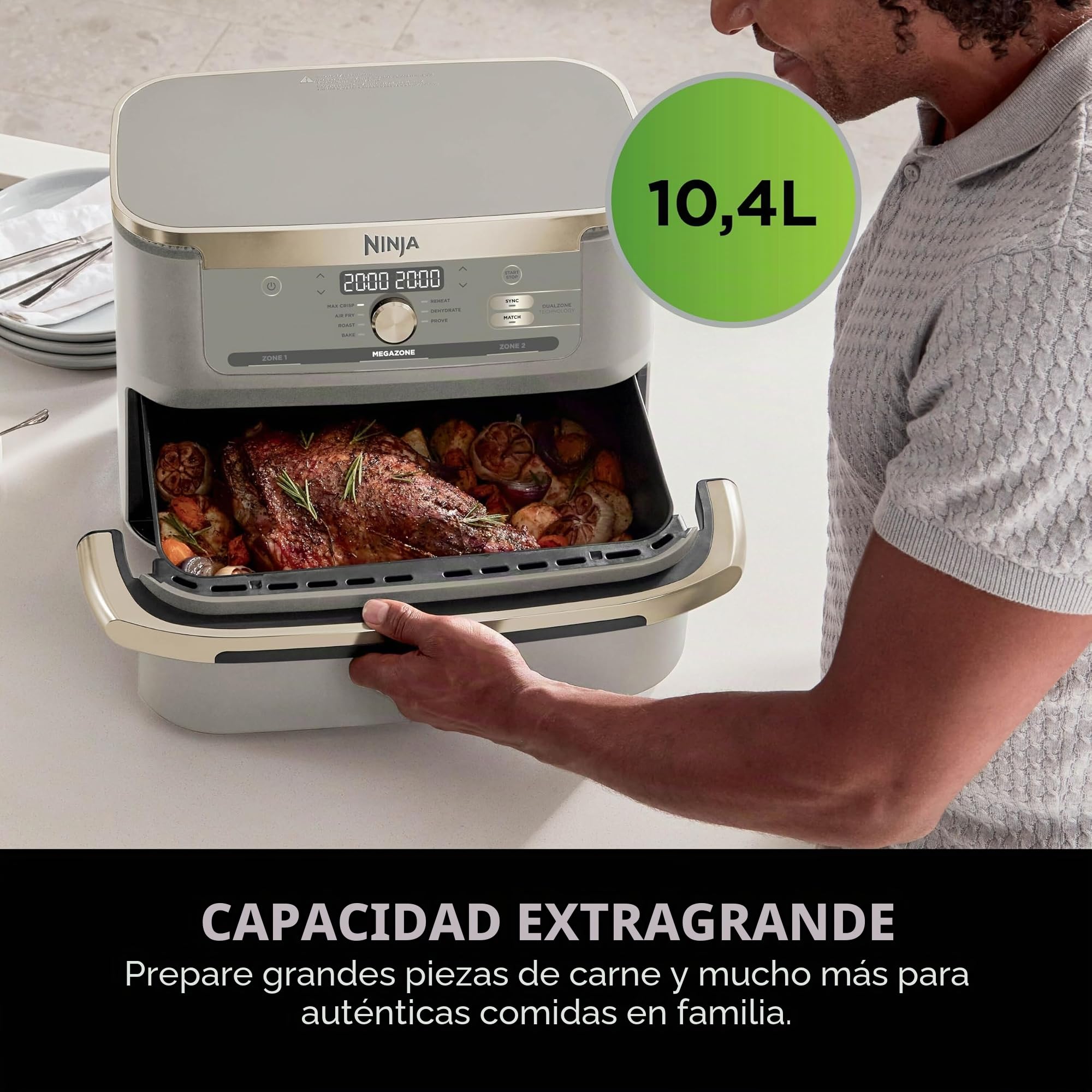 Ninja MAX PRO, Freidora de Aire sin Aceite, 6,2L, Piedra Dorada, AF180EUSD | Cajón Cuadrado Grande, Asar, Hornear, Familiar, Digital, Cesta y Placa para Gratinar Antiadherentes y Aptas para Lavavajilla