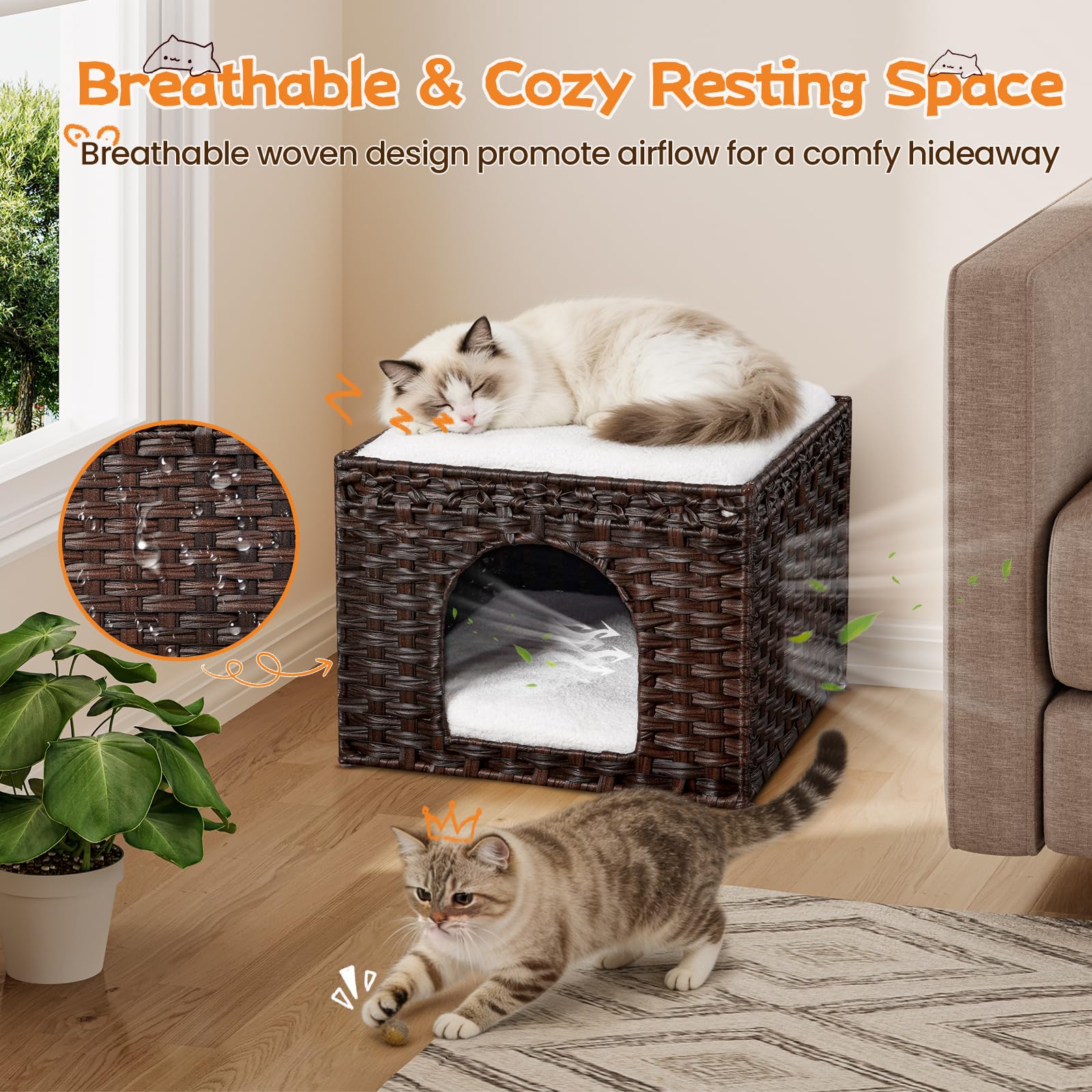 Snughome Handgewebtes Rattan-Katzenbett - Indoor Faltbare Katzenhöhle mit 2 abnehmbaren Bettmatten Großes Kätzchenhaus Versteck Haustierwürfel 16,54 x 16,54 x 12,6 Zoll Braun für Wohnzimmer
