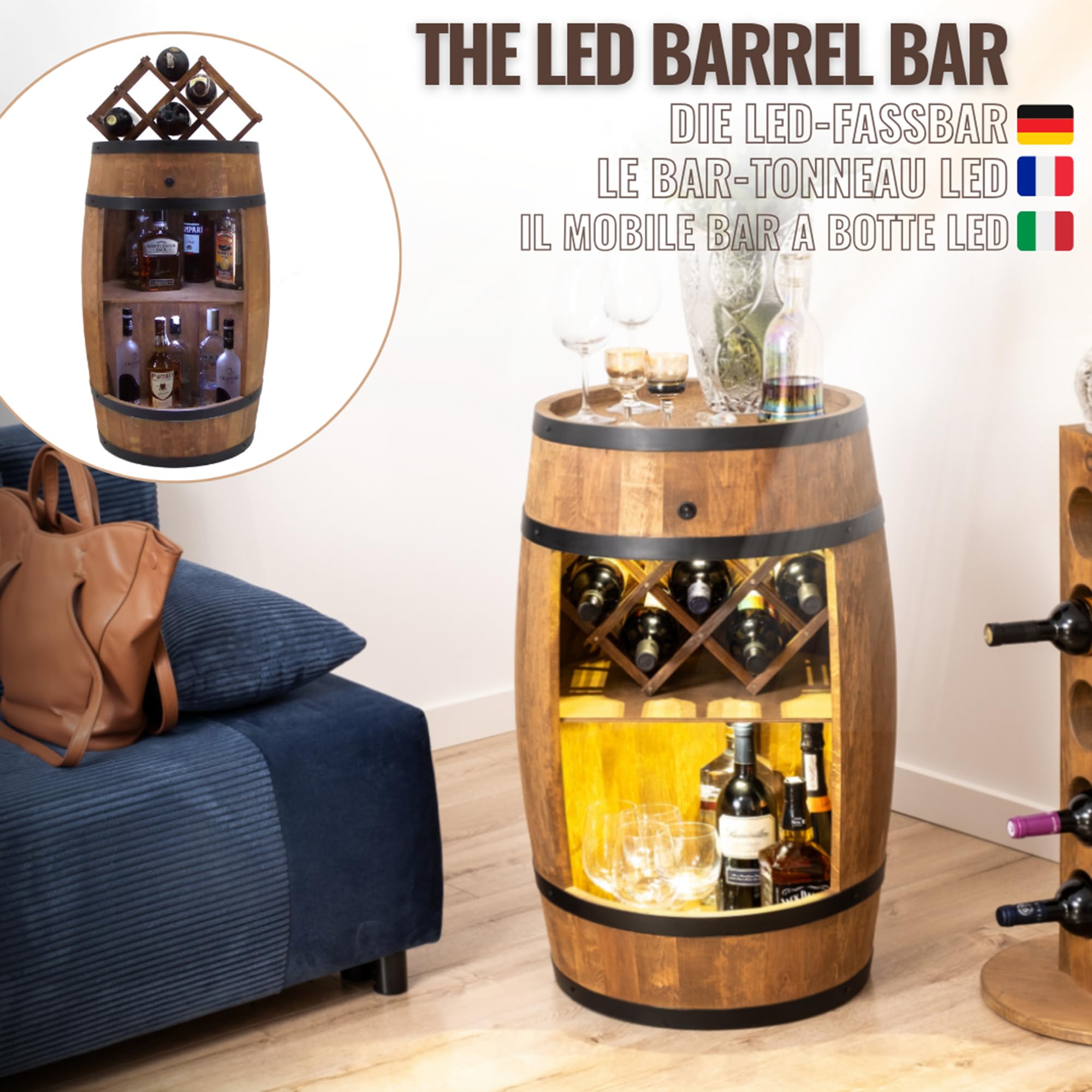 CREATIVE COOPER Baril avec Support à Vin - Casier LED - Tonneau en Bois - Bar de Maison - 80 x 50 cm - Décoration Rustique - Armoire (Marron Foncé)