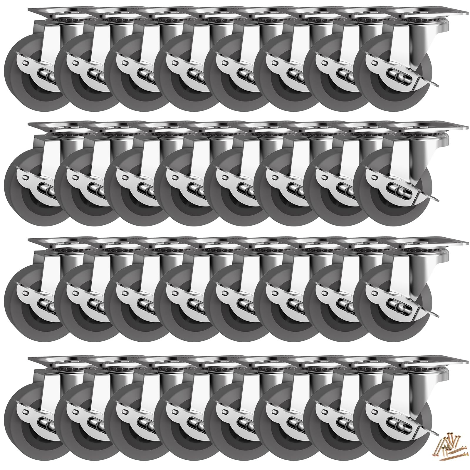 BOSGEOT 2" Caster Wheels, Casters Set of 32, Heavy Duty Casters with Brake, Locking Castor with Rubber Wheel，Plate Swivel Caster Wheels for Furniture