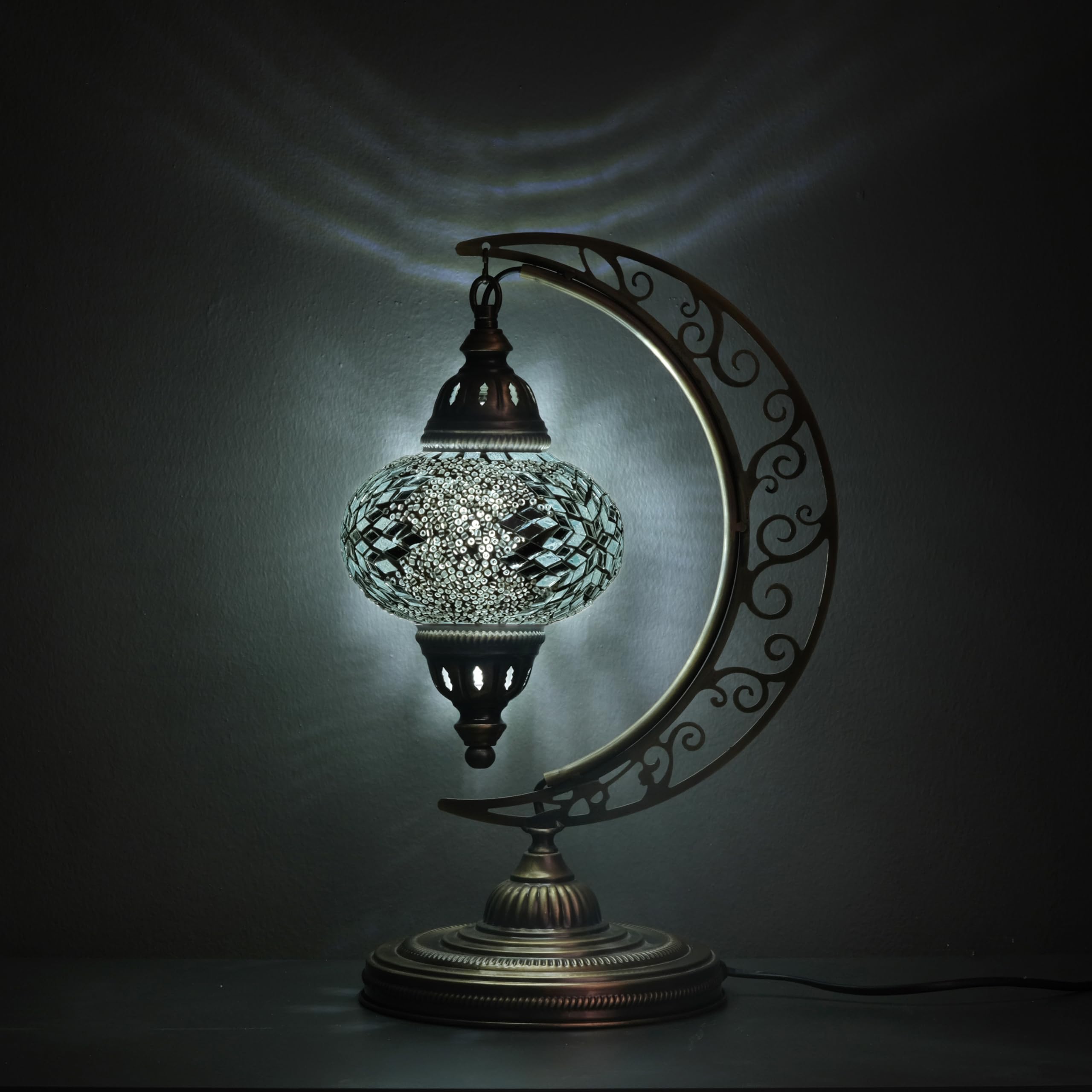 Turkish Moon Lamp, Mosaic Moroccan Table Lighting, Standing Turkish Lamp, Decor Home Floor Lighting Accessory, Total Dim. 7.5 x 11 x 18 inches (White)