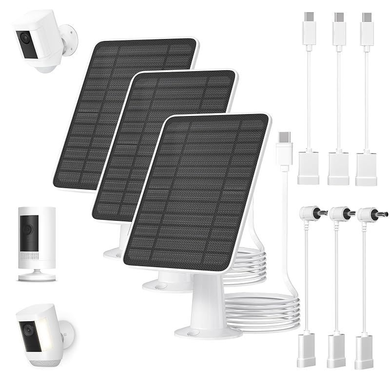 Painel Solar 5 W para Câmera de Segurança WININMETA com Adaptadores USB-C, DC e Micro-USB, Cabo de 2,99 m, Kit com 3