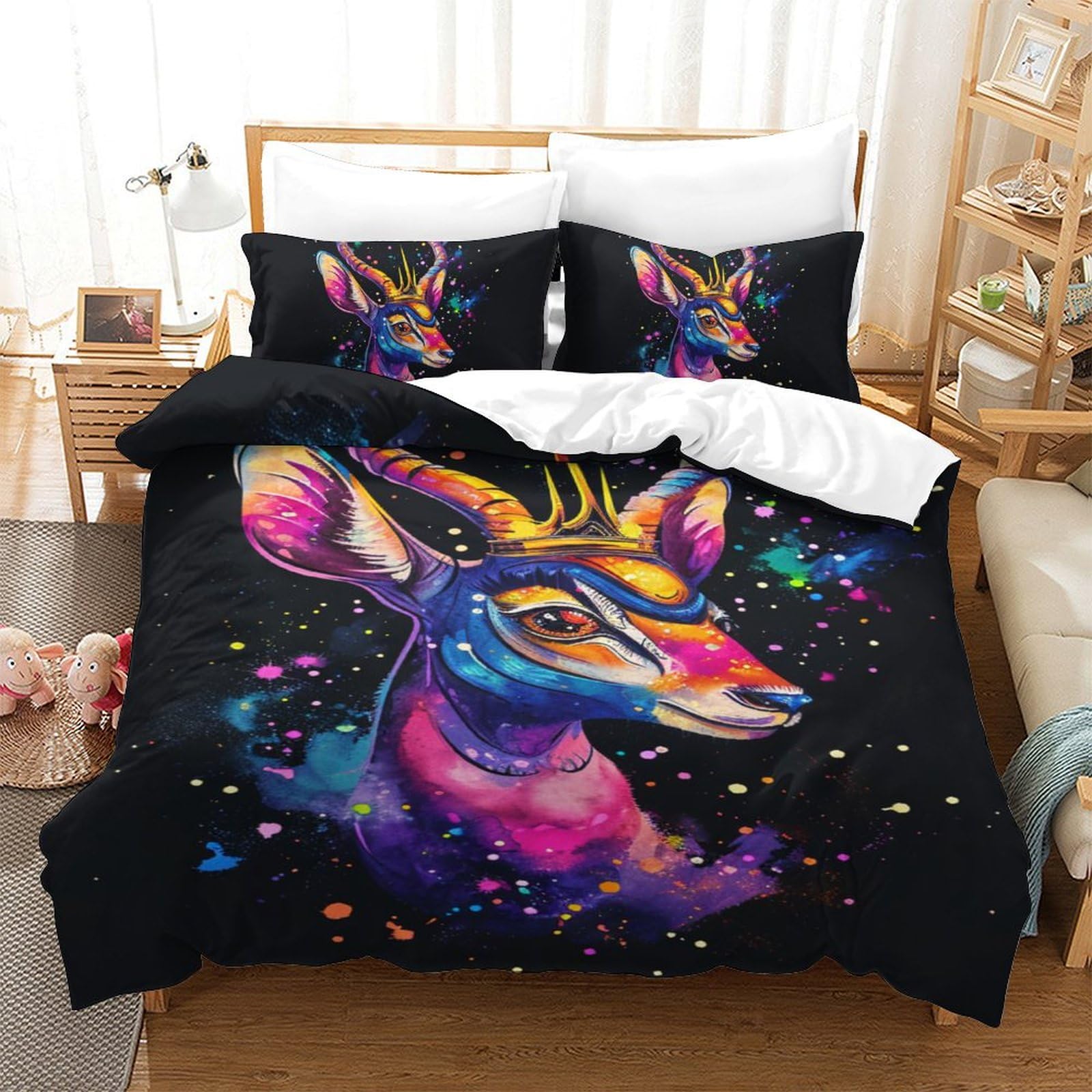 Housse de couette chèvre 3D 140x200 microfibre avec taies d'oreiller