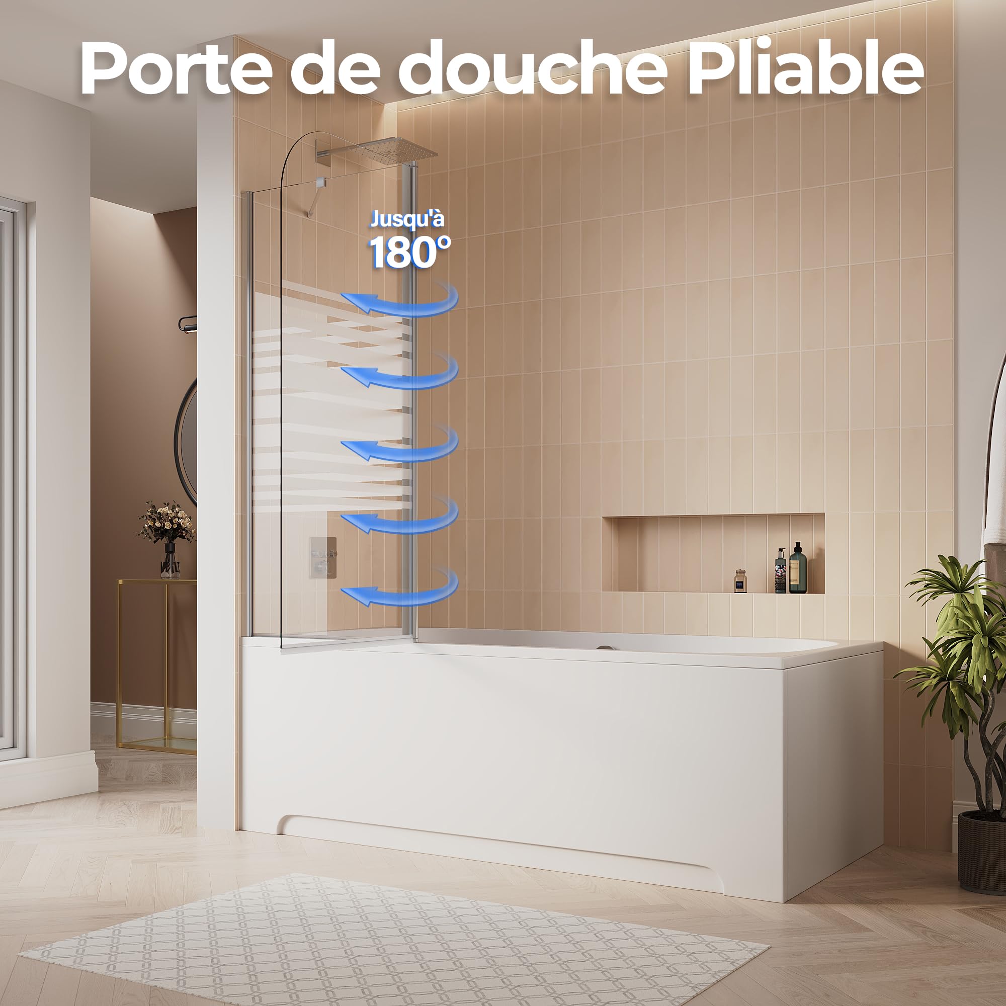 SIRHONA Paroi de baignoire 120x140cm, aluminium argenté brillant, motif rayé givré, paroi de douche rabattable et pivotante à 180°, peut être installée à gauche ou à droite, verre trempé 6mm