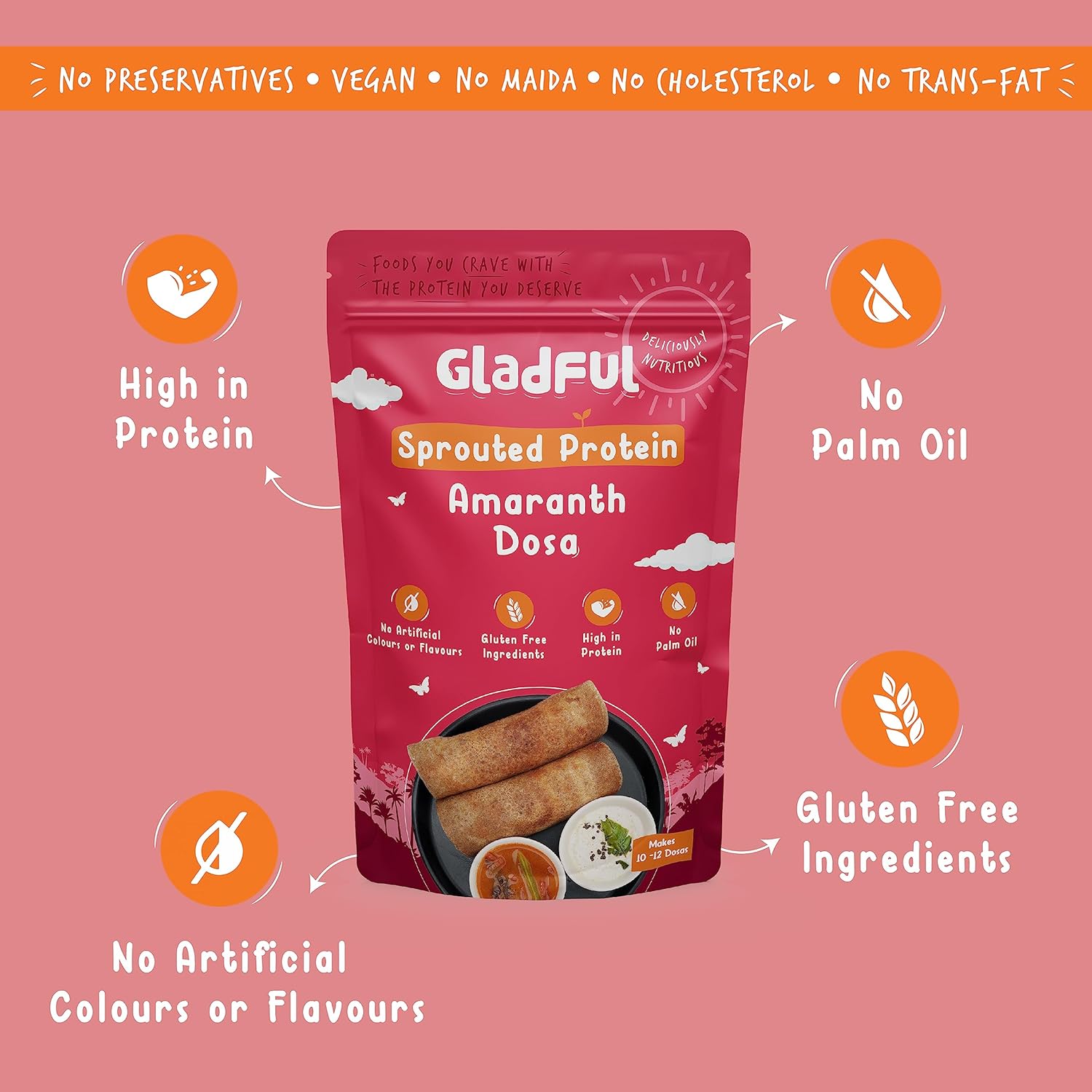 Gladful Sprouted Amaranth Dosa Mix - High Protein, Vegan, and 100% Gluten Free 400 G (Pack of 2)