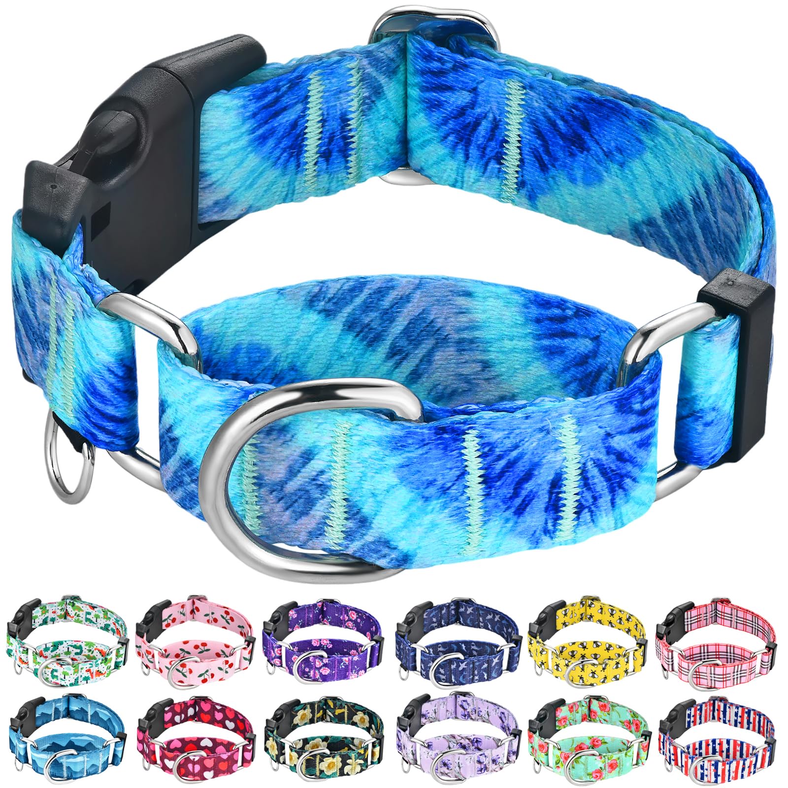 Fidohug Martingale Collar with Buckle Blue Tie Dye Training Collar Adjustable Nylon Boy Dog Collars (Blue Teal, Small)
