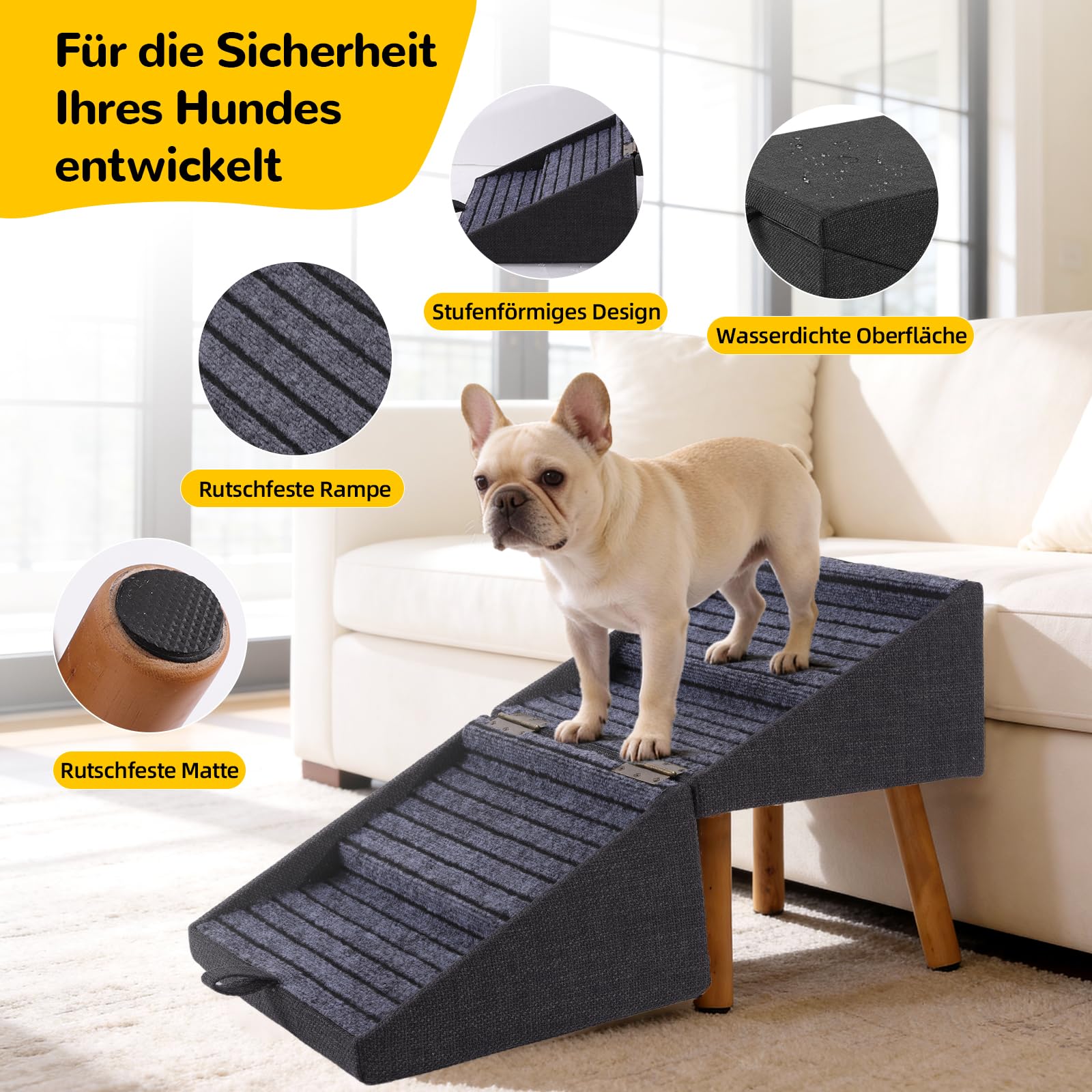 Scala per cani di piccola taglia, scala a pioli 2 in 1 e pouf – Scala pieghevole per cani per il divano, scala in legno antiscivolo per cuccioli, cani anziani e feriti (nero)