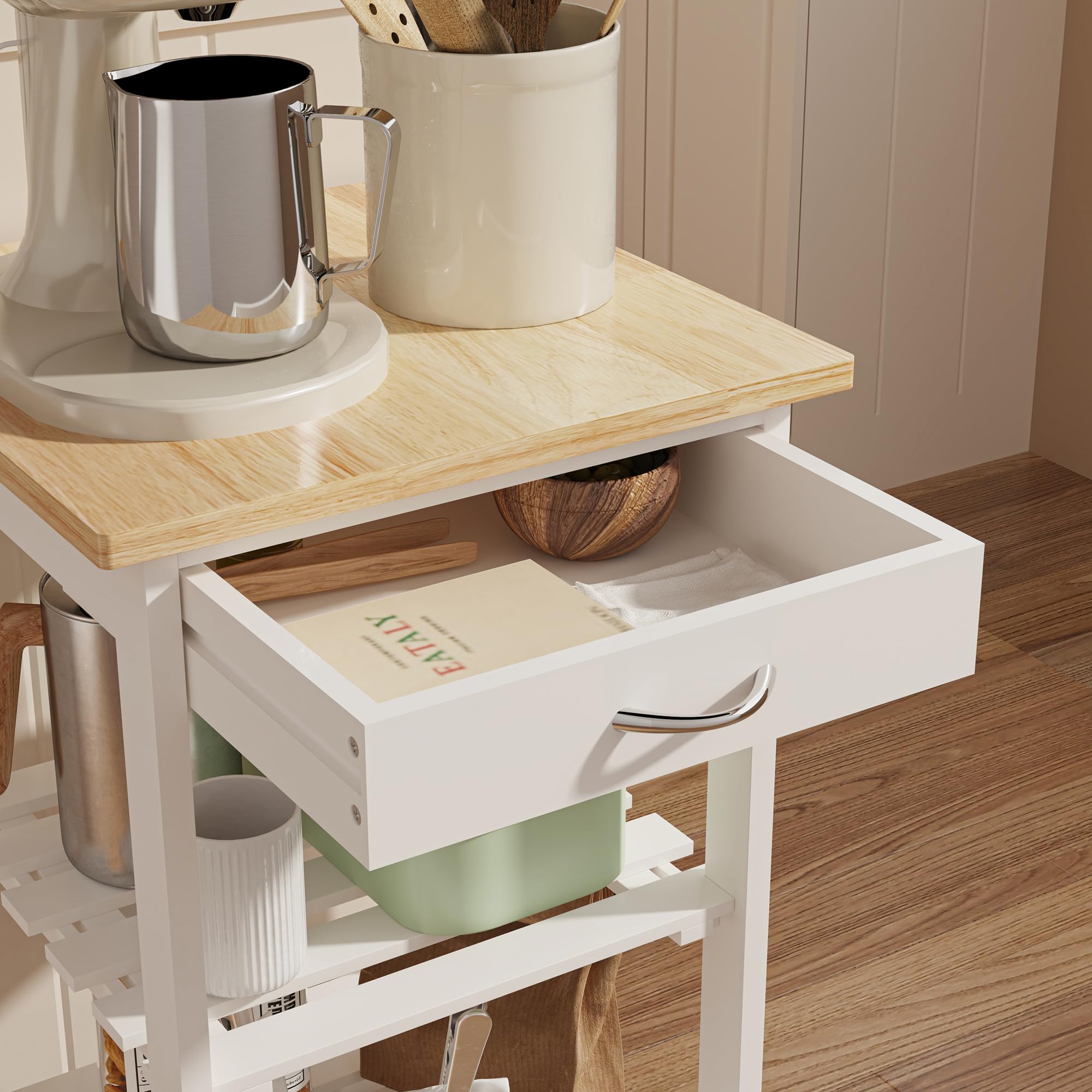 [en.casa] Carrello da Servizio Portaoggetti a Rotelle con 3 Ripiani e Cassetto Carrello Portatutto Multiuso Griglia Portabottiglie per Cucina Sala Bagno 76x37x37 cm - Bianco/Effetto Legno
