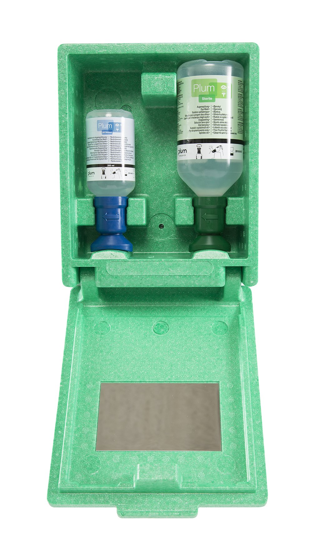 Plum 4789 Augen-Notfallstation in Wandbox mit 2 Flaschen | 500 ml 0,9 % NaCl, 200 ml pH-neutral, steril