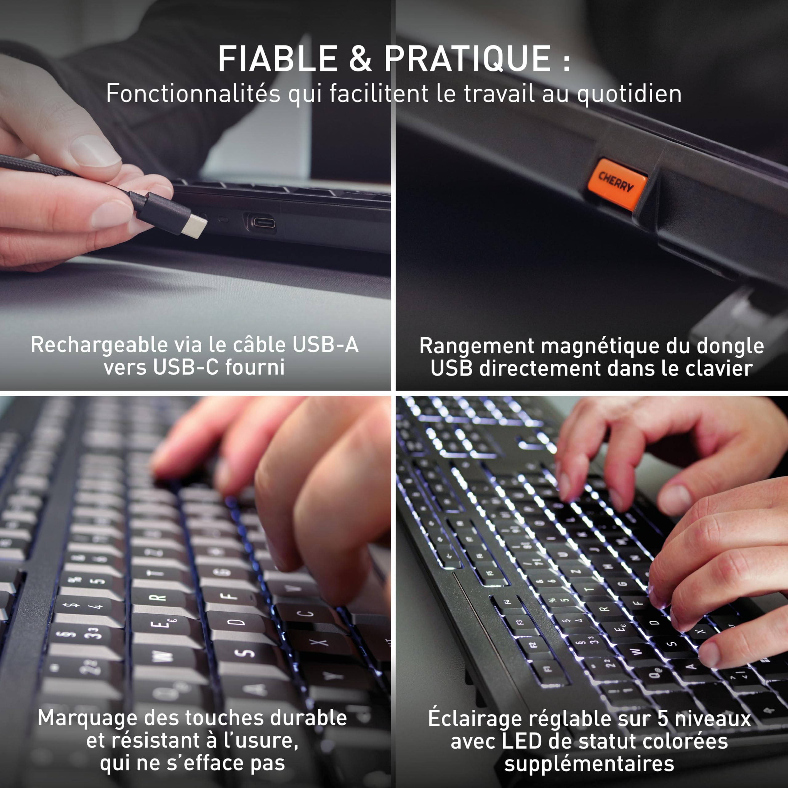 CHERRY Stream Keyboard Ultimate, Clavier sans Fil Multi-Appareils, Disposition US (QWERTY), Connexion Via Bluetooth, 2,4 GHz & Câble, Rétroéclairé, Noir