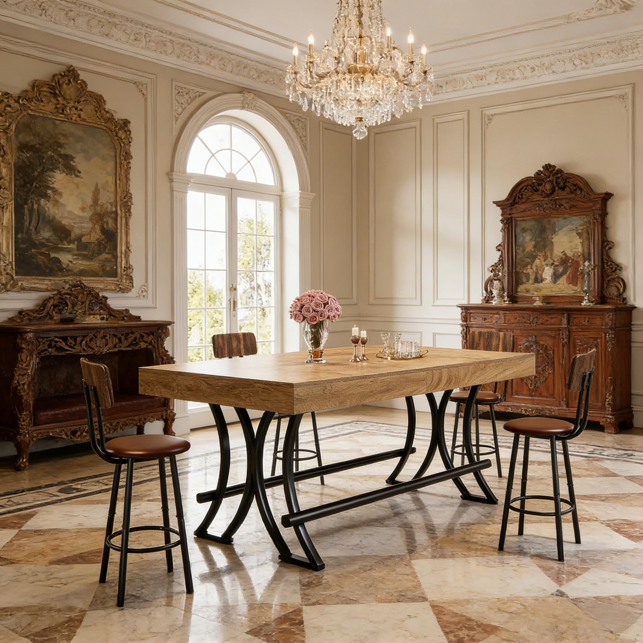 Tavolo da bar a isola da cucina, 160 x 70 cm, tavolo da pranzo industriale per 6-8 persone, altezza 90 cm, con poggiapiedi, effetto legno e metallo, nero/marrone
