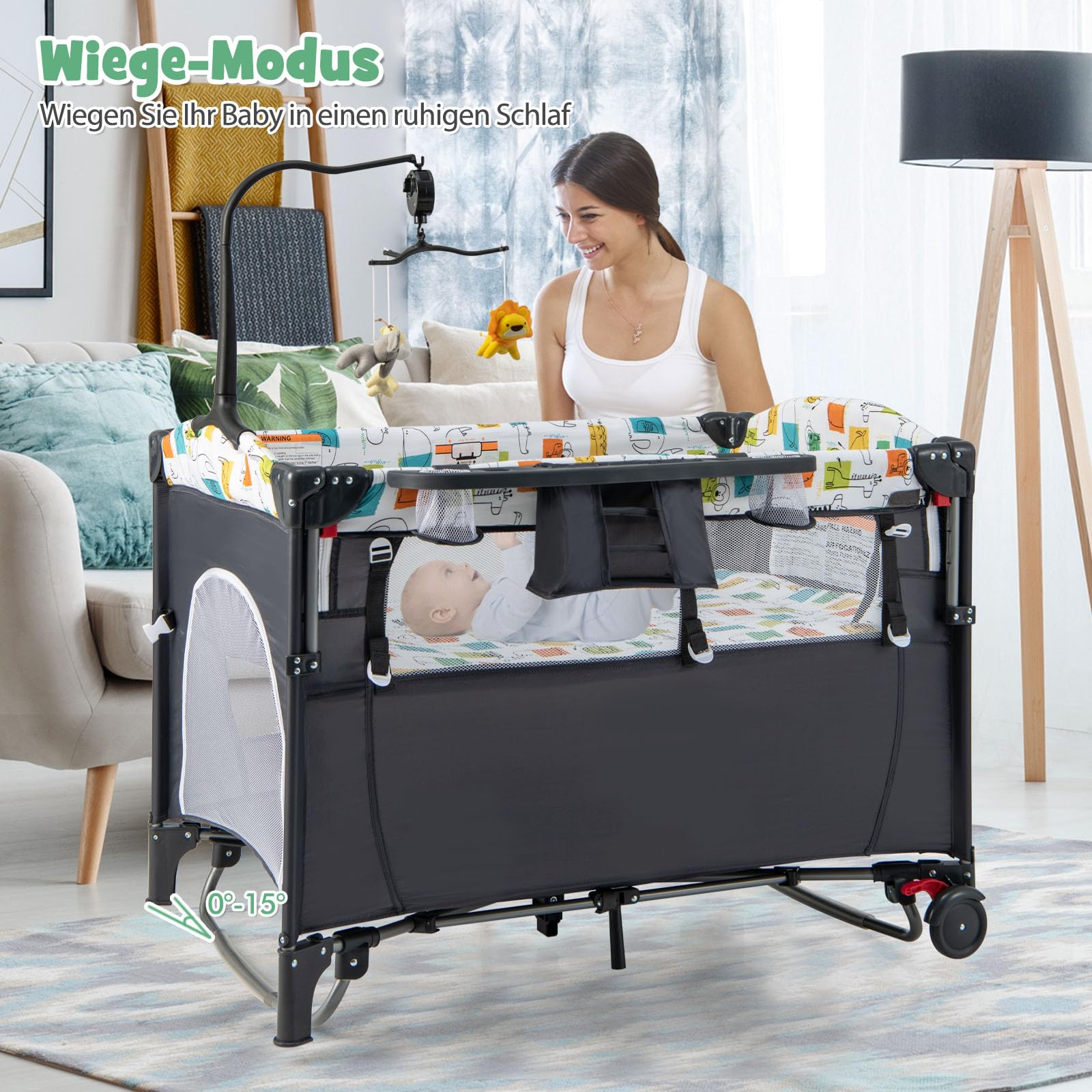 DREAMADE 5 in 1 Reisebett mit Matratze 120 x 60cm, Höhenverstellbar Beistellbett mit Wickeltisch, Spieluhr & Spielzeug, Babybett Babyschaukel für Baby ab Geburt (Grau)