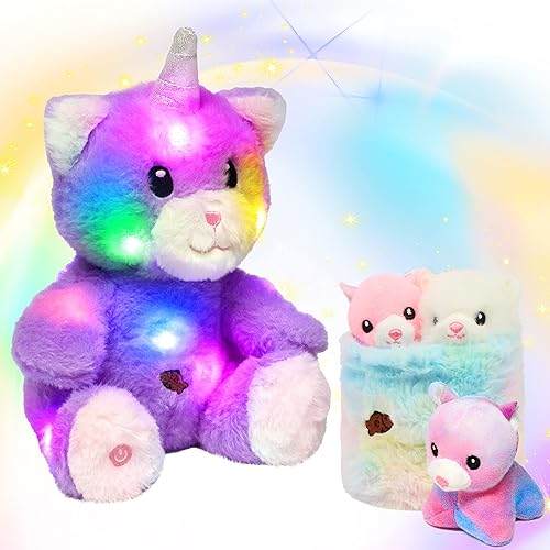 Miniatura 1 de Hopearl Gato de peluche LED con cubo extraíble que ilumina a mamá gata, con 3 gatitos en la canasta, juego de animales de peluche con luces