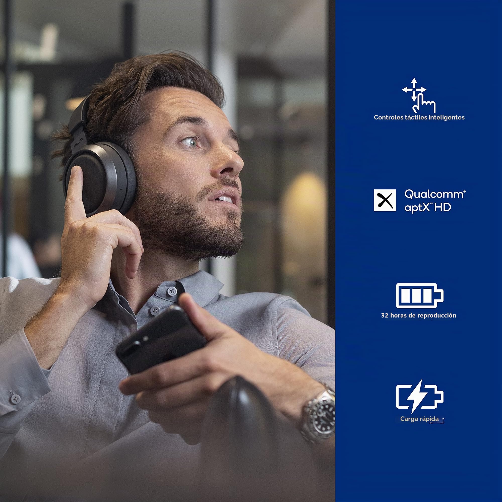 PHILIPS AUDIO L3/00 Auriculares Inalámbricos de Diadema con Micrófono Dual/Bluetooth, Cancelación de Sonido, 38h de Reproducción, Diseño Premium, Color Negro