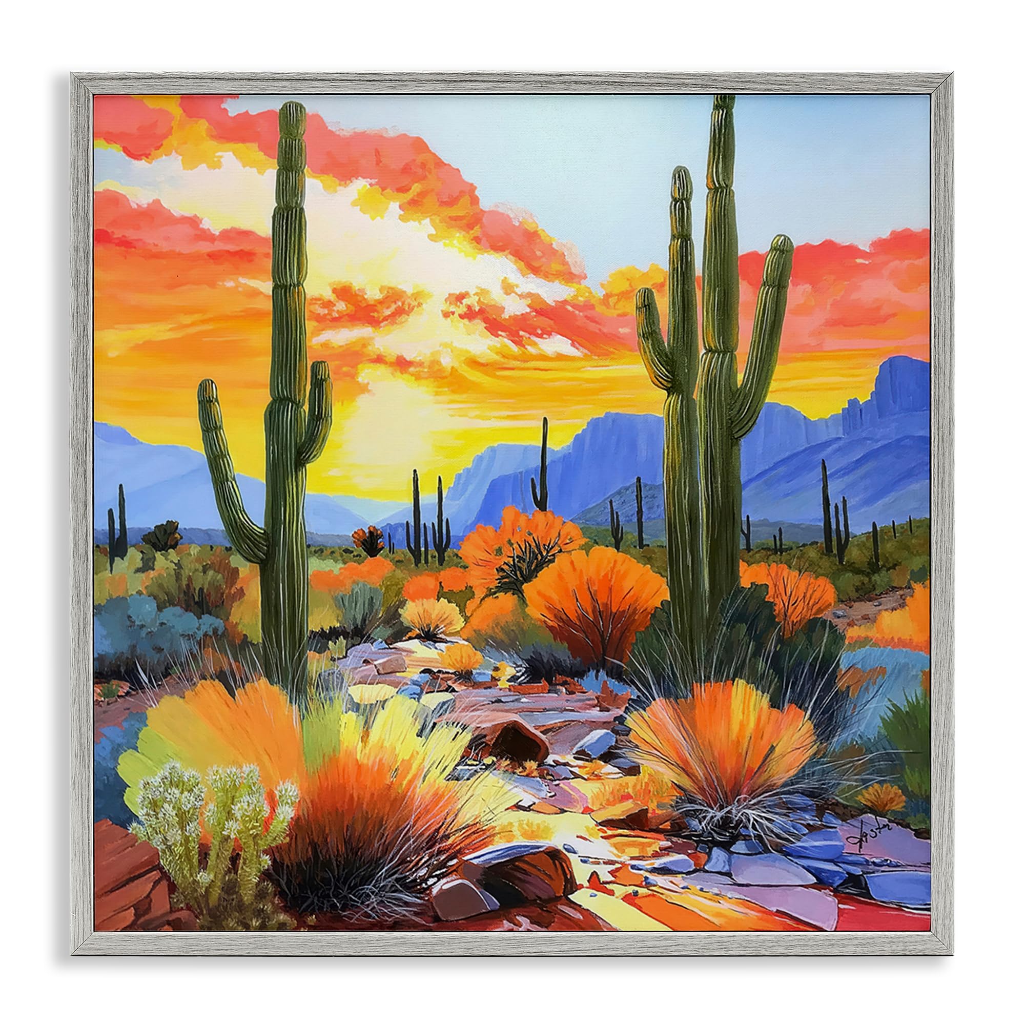 Stupell Industries Farmhouse Gray (Textured) Desert Cactus Sunset Landscape, 24 X 24 Inch Framed Giclée Print
