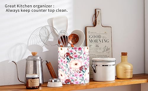 Miniatura 10 de Soporte para utensilios de cocina, 7.2 pulgadas, extra grande, estable, con patrón floral de jardín, organizador de utensilios de flores para