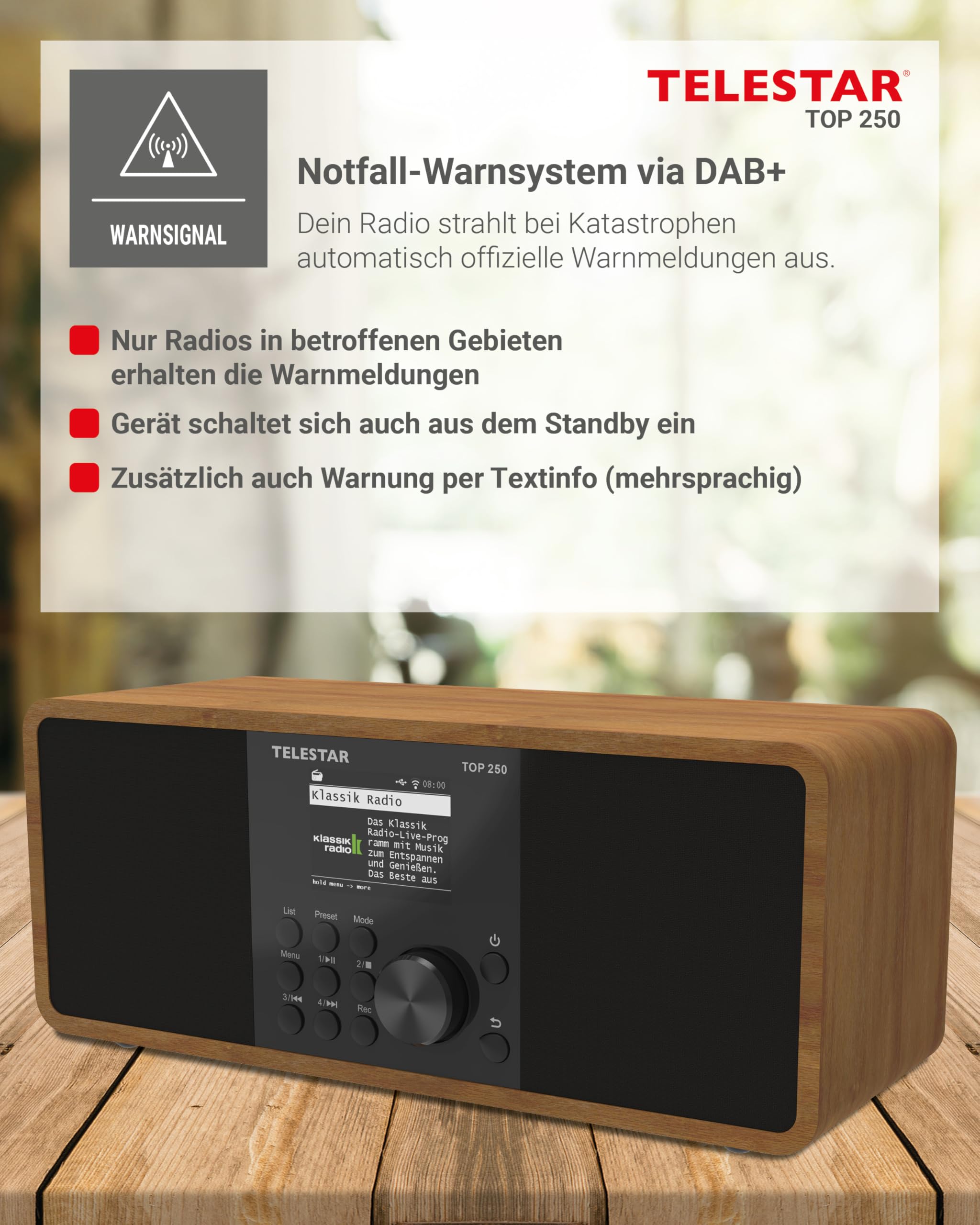 TELESTAR TOP 250 – DAB+/Internetradio, Stereo – Holz | 2 × 10 Watt, Bluetooth Audio-Streaming & Sendefunktion, USB-Aufnahme, Notfallwarnsystem, App-Steuerung
