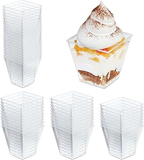 Relaxdays 50 Vasitos Plásticos para Postre, Cuencos Aperitivos, Cuadrados, 210 ml, Reutilizables, Helado, Transparente