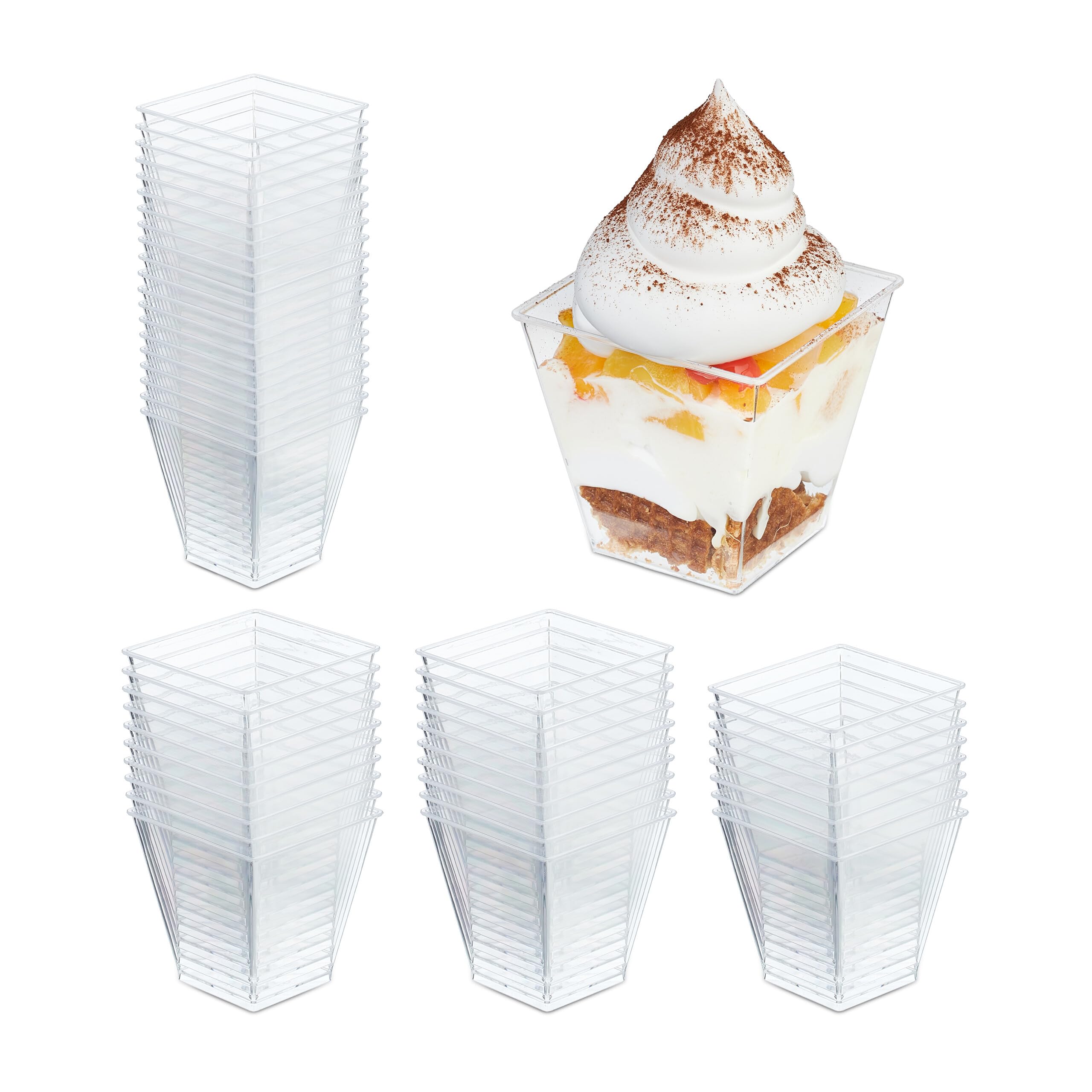 Relaxdays Set of 50 Dessert Bowls, 240 ml, Reusable, Cups for Sweets, Ice Cream, Fruit, Tiramisu, Plastic, Transparent