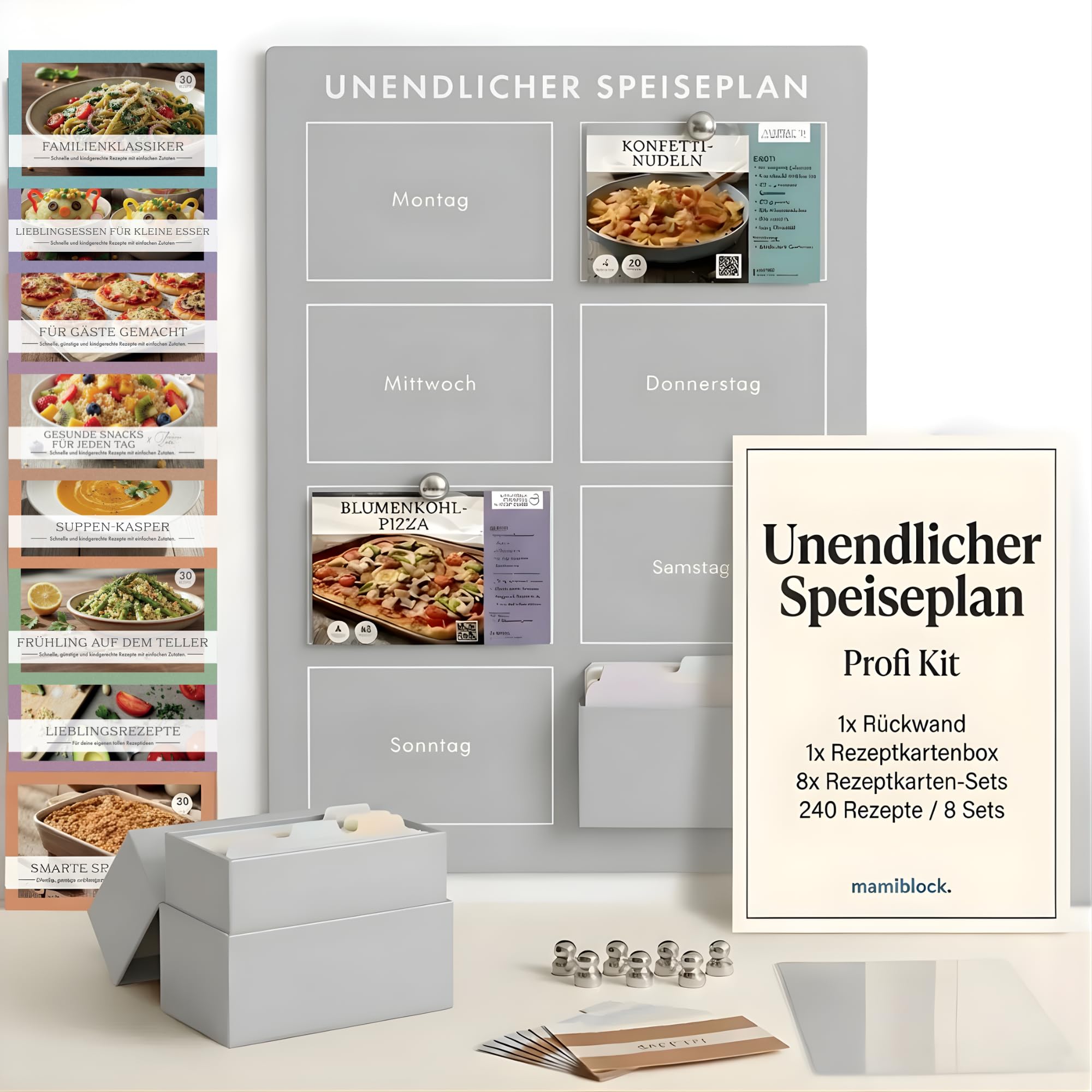 Unendlicher Speiseplan Profi Kit (Hellgrau) – Magnetischer Wochenplaner mit 8 Rezeptkarten-Sets (240 Rezepte) – Familien- & Kinder-Essensplaner mit Rückwand, Box & Schutzhülle – BPA-frei