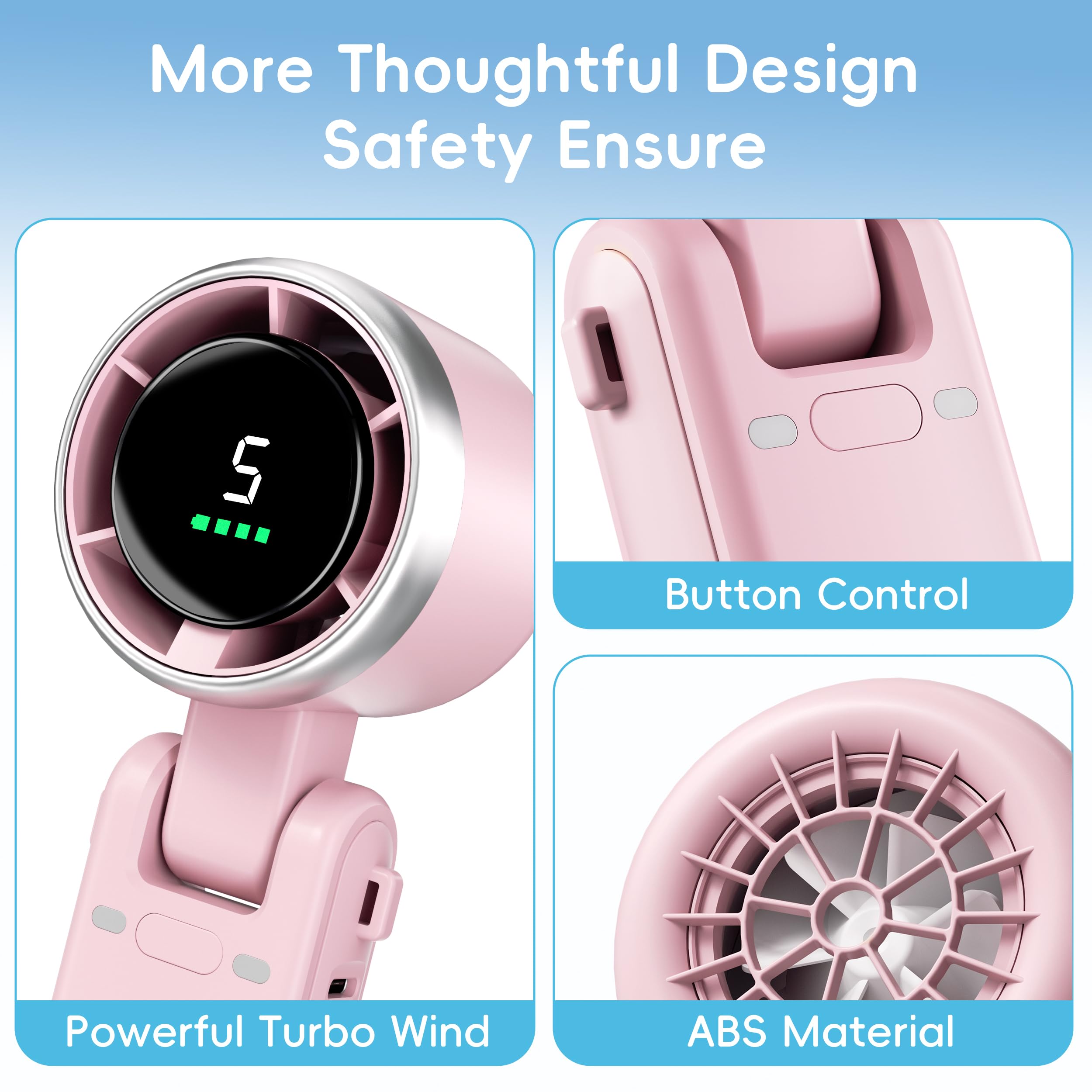 Morelax Ventilatore Portatile a Mano, Raffreddamento Turbo 10m/s, 5 Velocità con Display a LED, 4000 mAh, Ventilatore Pieghevoleda Scrivania/Collo/Tasca per Viaggi, Trucco, All'aperto, Rosa
