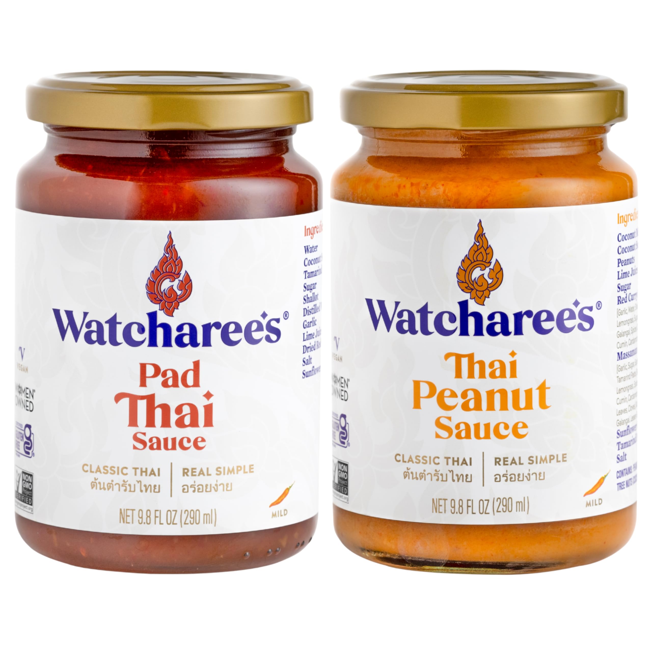 Watcharees Thai Favorites Peanut & Pad Thai Sauce Bundle | Authentic Traditional Thai Recipe | Vegan, Non-GMO, Gluten-Free | Thai Peanut & Pad Thai Combo Combo 2 Piece Assortment