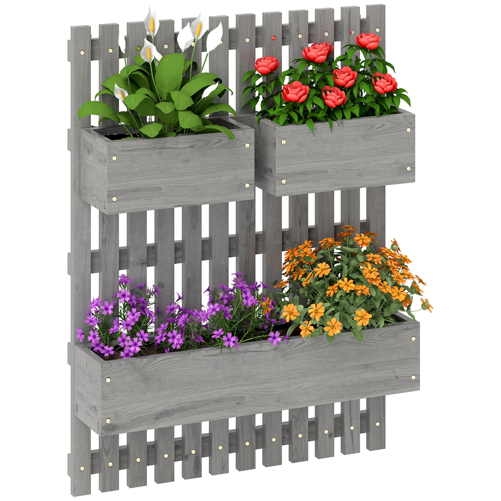 Outsunny Grey Wall-Mounted Wooden Garden Planters With Trellis, Drainage Holes And 3 Movable Planter Boxes, Wall Raised Garden Bed For Patio,