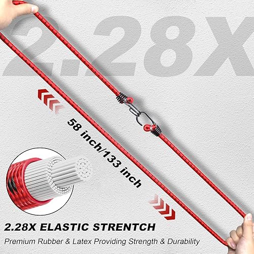 Miniatura 4 de 2 cuerdas elásticas de 56 pulgadas con ganchos resistentes al aire libre, correas elásticas largas multiusos con ganchos, BungieBuggyBunji para