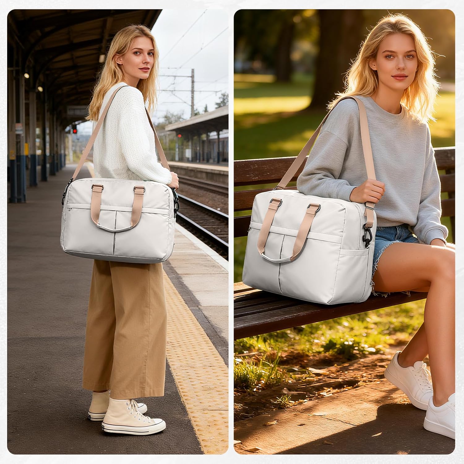 Expandable Personal Item Travel Duffle Bag Weekender Bag for Women Men, Overnight Hospital Carry on Bag with Toiletry Bag for Airplanes Travel Business Trips Sport,Beige & Brown - Image 2