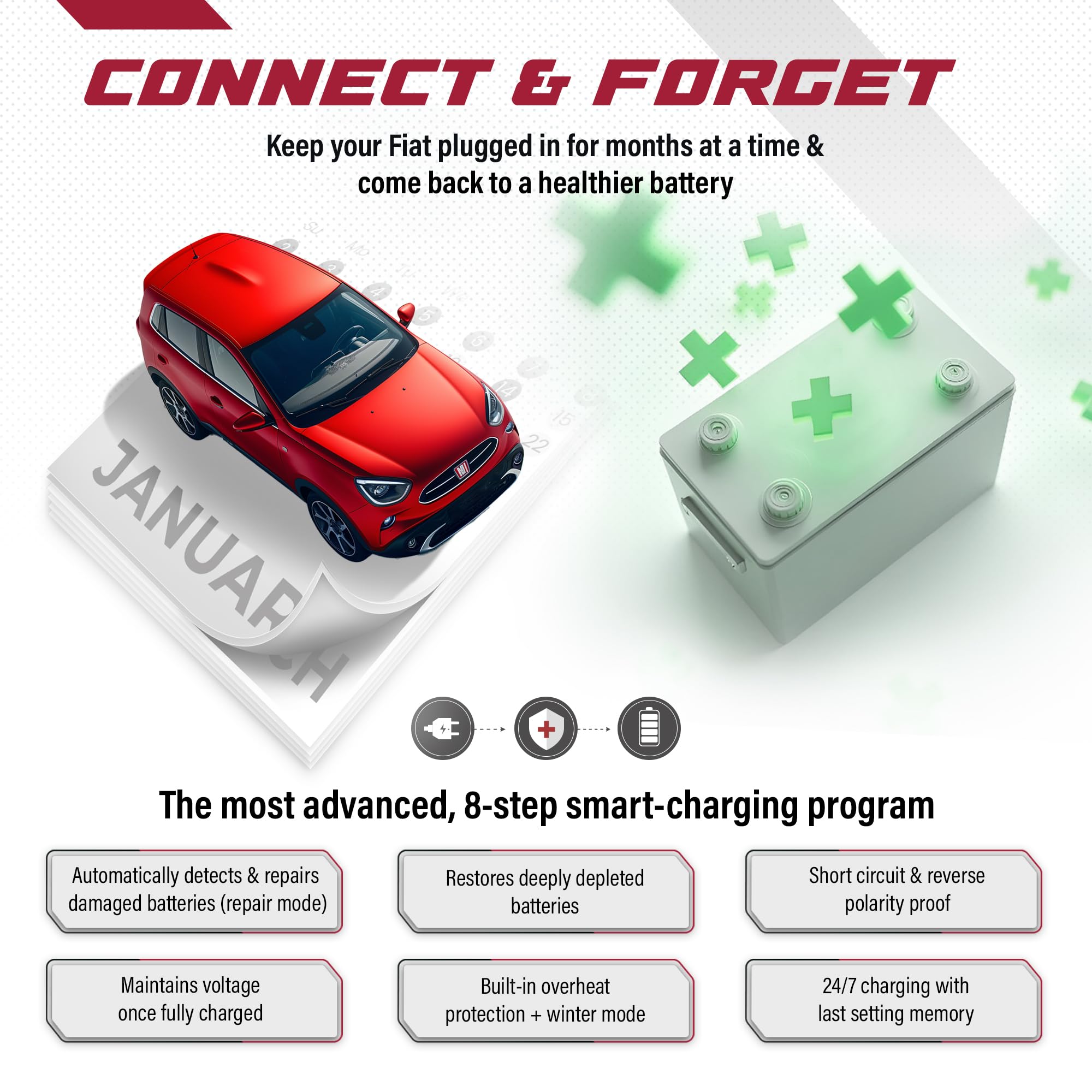 JMR Battery Charger for Fiat 500 124 Spider 600 Argo Tipo Egea Panda Cronos Fastback Pulse Doblo Ulysse Toro All Models Trickle Charger Conditioner Maintainer (Add Lithium Mode)