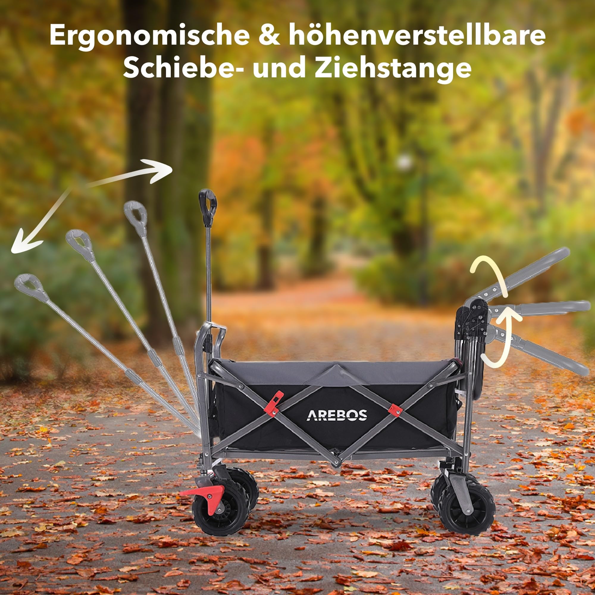 Arebos Bollerwagen faltbar | Transportkarre | Gerätewagen | Handwagen | Faltwagen | inkl. 2 Netztaschen | mit Vorderrad-Bremsen & Teleskopstange | klappbar | bis 100 kg Tragkraft | Grau