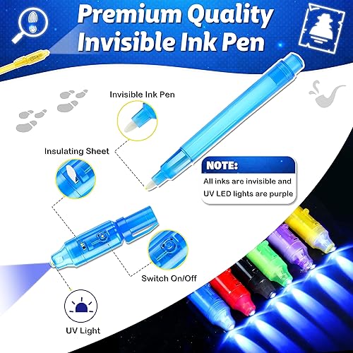 Miniatura 9 de Joycover Bolígrafo de tinta invisible con luz UV para niños, paquete de 24 bolígrafos espía y cuadernos, recuerdos de fiesta espía para niños de 4 a