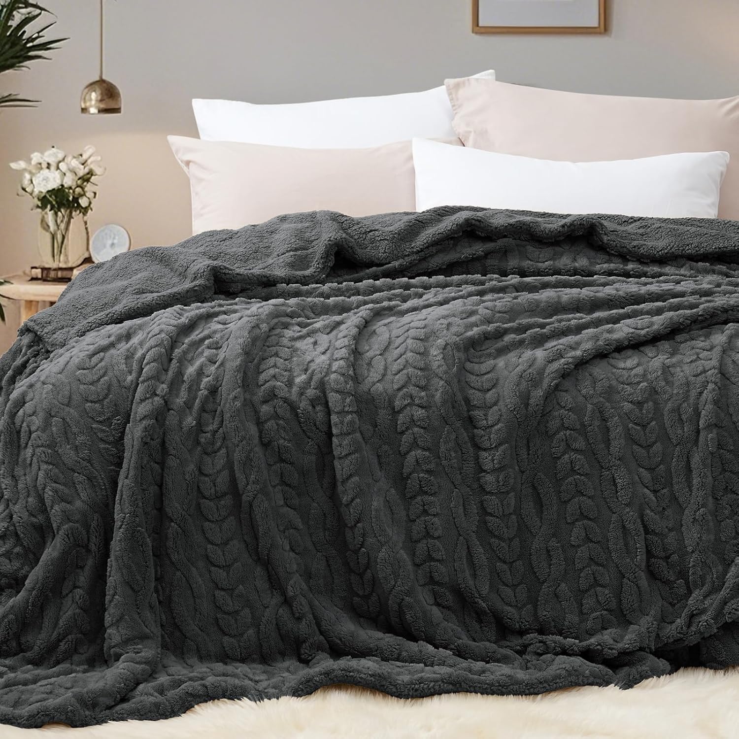 PHF Fluffy Sherpa Blanket Queen Size for Winter, Warm and Soft, 510GSM 3D Jacquard Thick Shaggy Fleece Plush Blanket for Sofa Bed, Dark Grey, 90"x90"