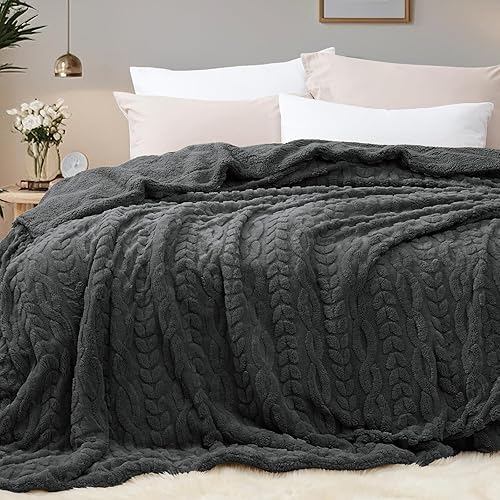 PHF Sherpa Fleece Queen Size Blanket, 510GSM Warm 3D Jacquard Sherpa Blanket, Fuzzy Soft Thick Blanket for Winter, Reversible Shaggy Fleece Plush Blanket for Couch, Bed, Dark Grey, 90x90 Inches