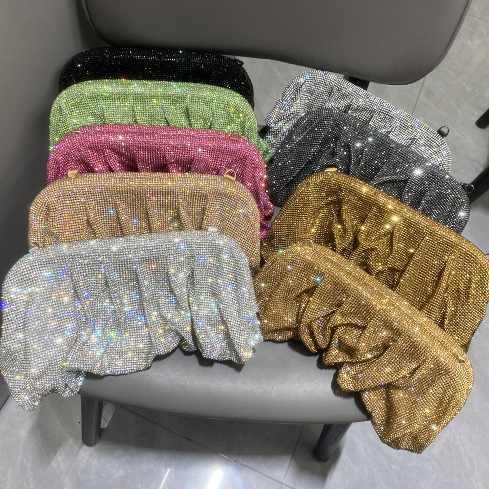Borsa Da Sera con Pochette e Catena A Pieghe con Strass Scintillanti da Donna, Per Matrimoni E Feste,Grigio
