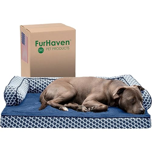 Furhaven Orthopedic Dog Bed for Large/Medium Dogs w/ Removable Bolsters & Washable Cover, For Dogs Up to 55 lbs - Plush & Woven Decor Comfy Couch Sofa - Diamond Blue, Large