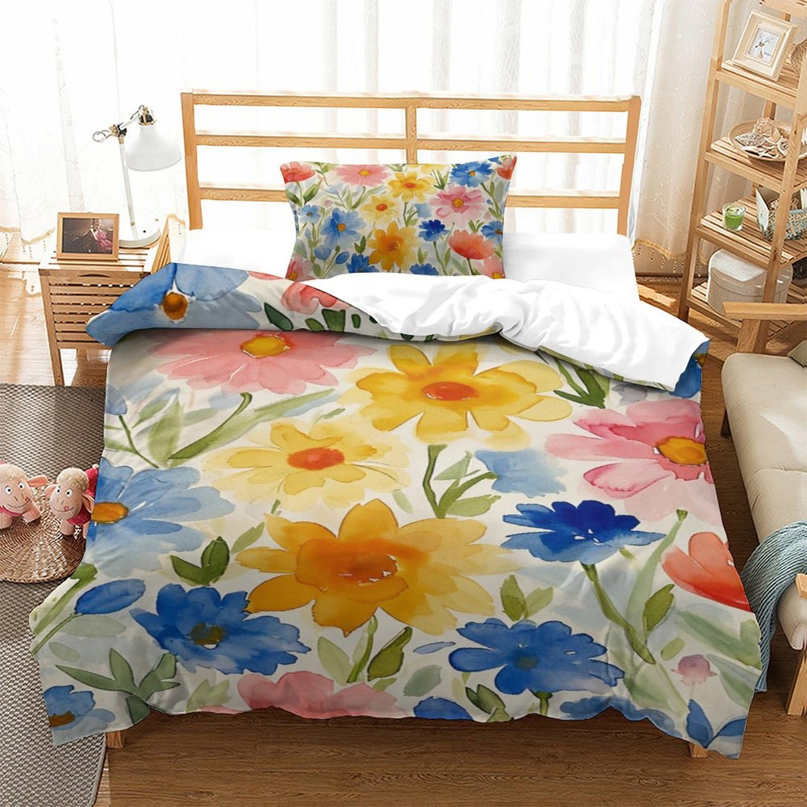 Parure de lit fleurs aquarelle 3D avec housse de couette single 135x200cm et taie d'oreiller