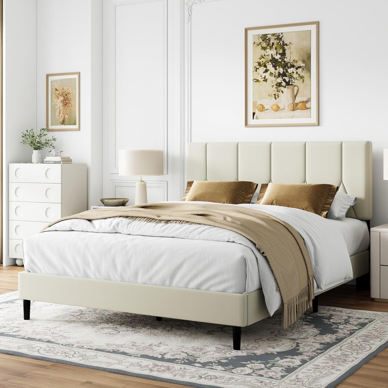 Queen Size Bed Frame Platform with Velvet Upholstered Headboard, Sturdy Wooden Slats, No Spring Box, No Noise, Easy to Assemble, Bedframe with Strong Wooden Slats, Beige