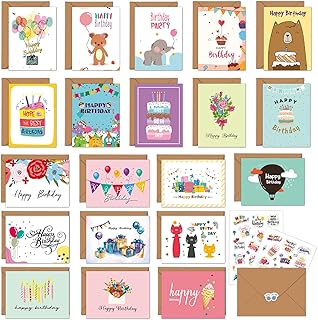 Birthday Cards Multipack of 20, Happy Birthday Cards with Kraft Envelopes & Stickers, Blank Greeting Cards for Women, Men, Friends and Kids