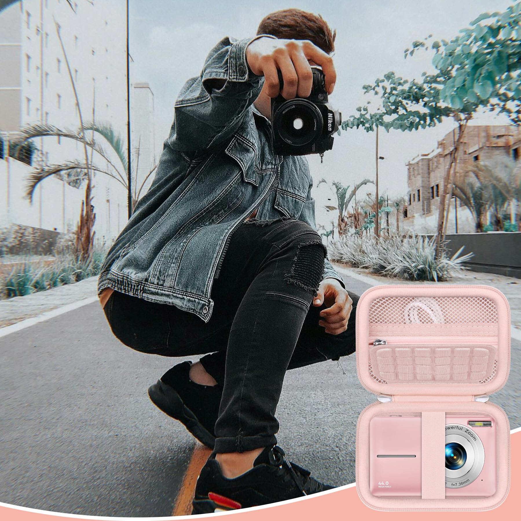 Cassa da trasporto per IXNAIQY/per VAHOIALD Macchina Fotografica Digitale Fotocamera 1080P, Supporto per fotocamera digitale compatta Borsa da viaggio con tasca in rete per batteria, Rosa