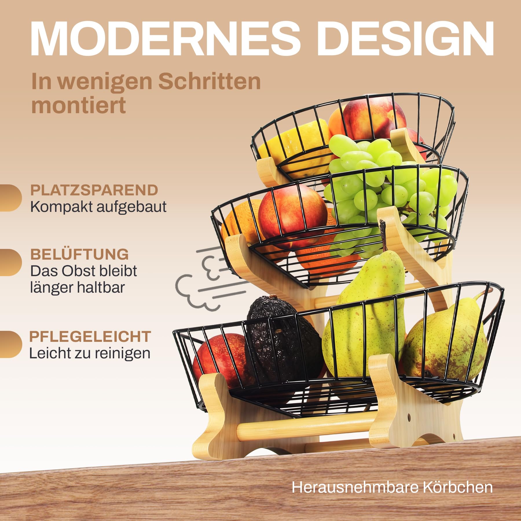 Obstkorb Etagere 3 Etagen aus Holz – Design Obstschale für die Küche, Schwarz