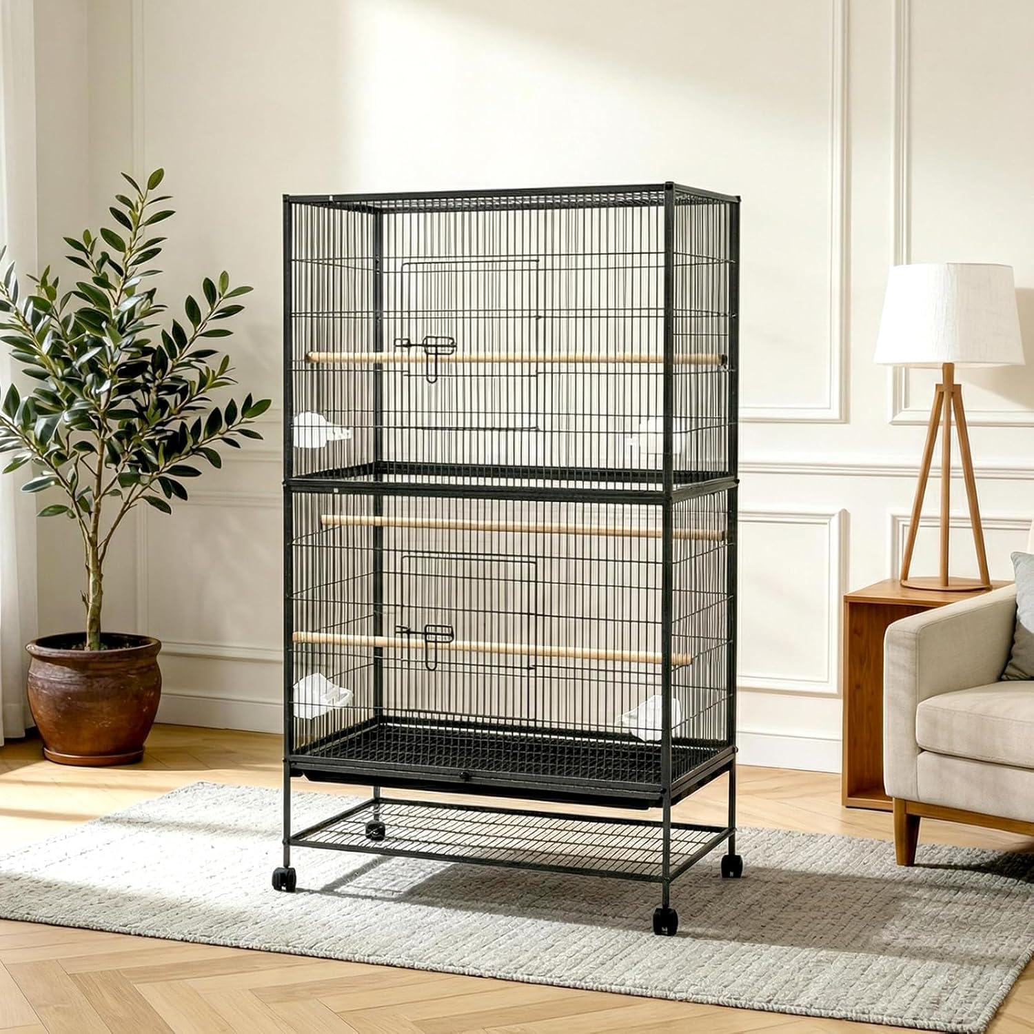Grand cage à oiseaux roulante Pour perroquets et Grands oiseaux – Volière spacieuse et Haute 60"/61" avec Supports de Rangement, mangeoires incluses, Double étage – Idéale Pour perruches, Conures,