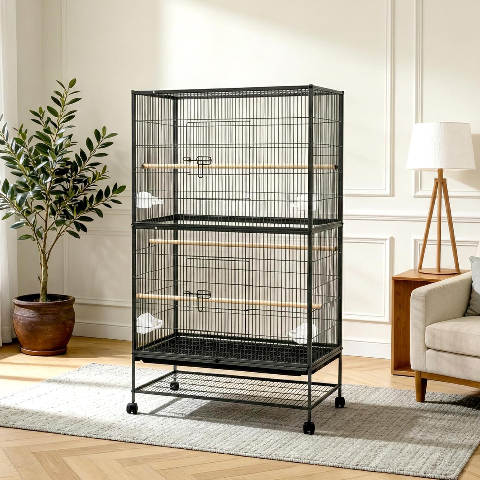Garvee - Jaula grande para pájaros (155 cm, con soportes de almacenamiento, comederos incluidos, doble piso, ideal para periquitos