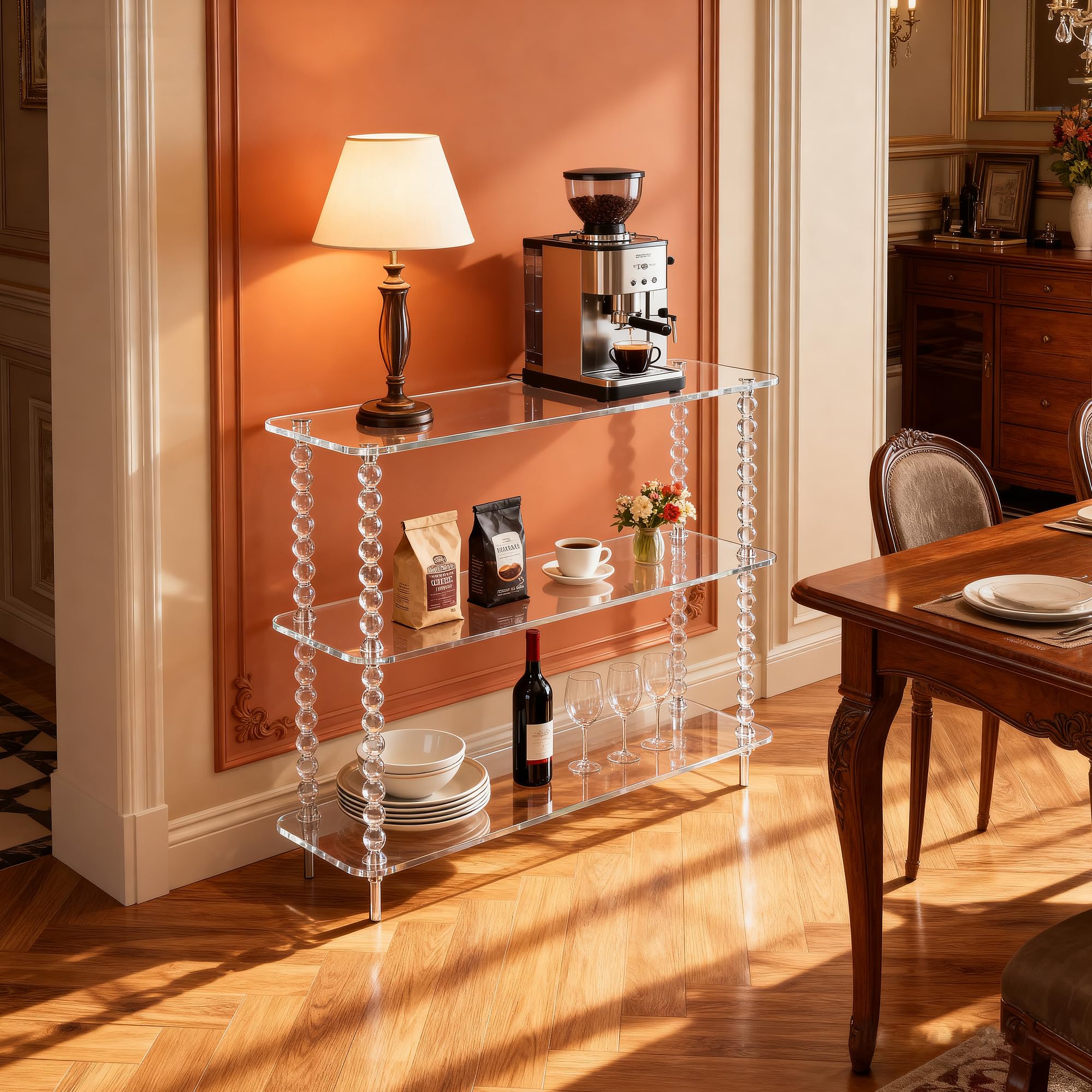 Consolle in Acrilico Trasparente, Tavolo d'Ingresso a 3 Ripiani, Stile Mid-Century Modern, per Soggiorno e Corridoio (bassa trasparente)