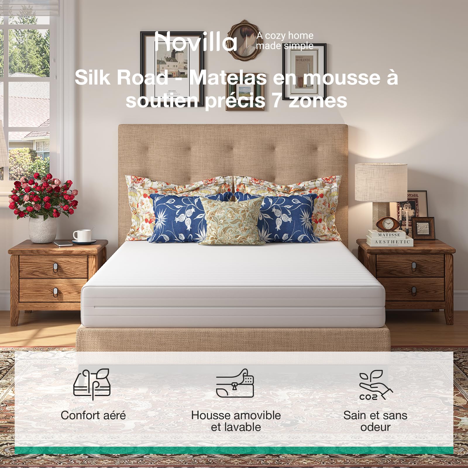 Novilla Matelas 90x190 cm, Matelas Mousse Haute Résilience de 14cm, Soutien Ergonomique sur 7 Zones avec Bords Renforcés, Confort Équilibré et Housse Amovible Lavable