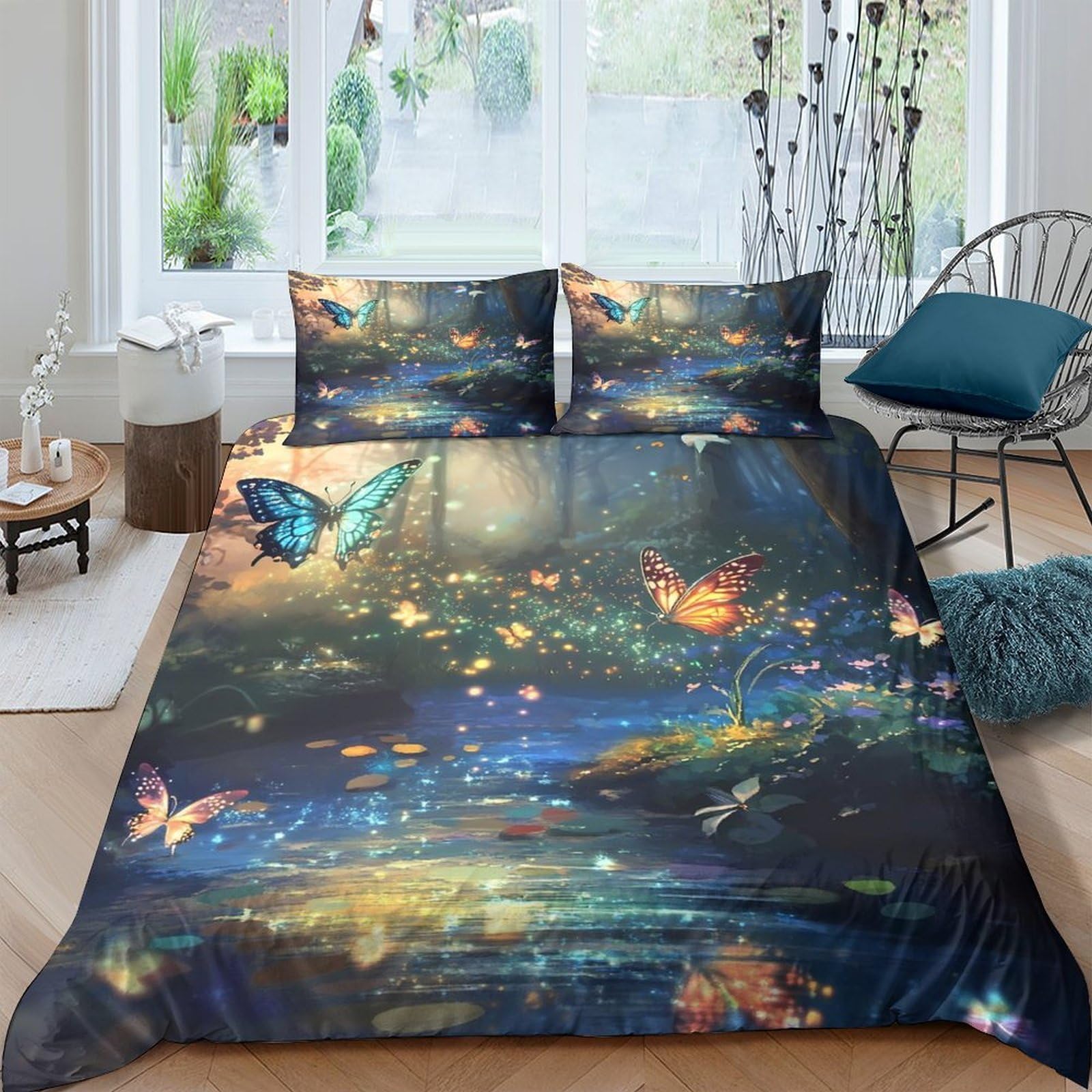 Ctjqhvkz Style-1 3D Printed Butterfly Fantasy Forest Fitted Sheet Microfiber Soft Mattress Cover Bedroom Decor Easy Care Single（135X200cm）