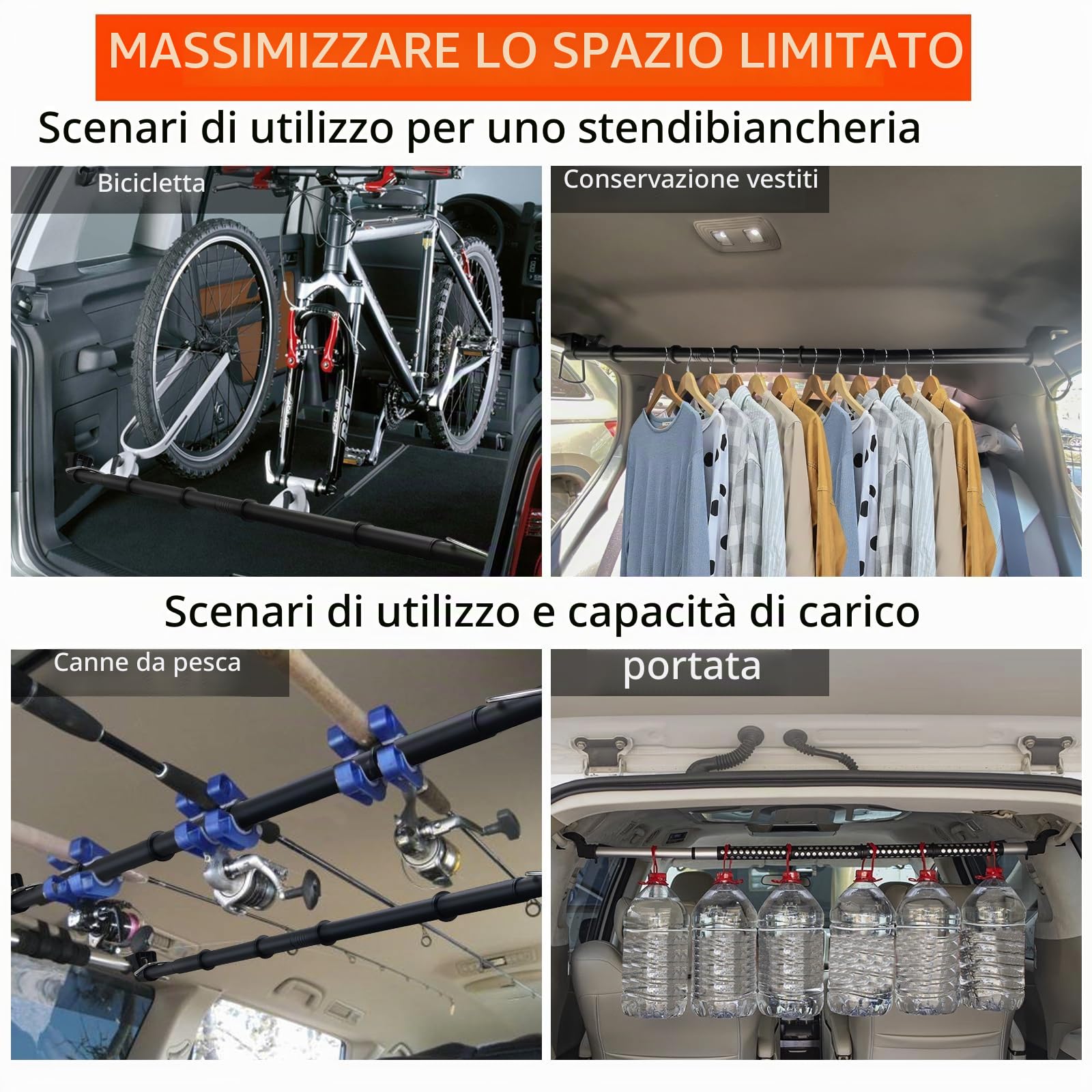 Beinhome Appendiabiti da auto ultraresistente - Lunghezza regolabile 76-160 cm, asta per indumenti da viaggio per una conservazione senza grinze