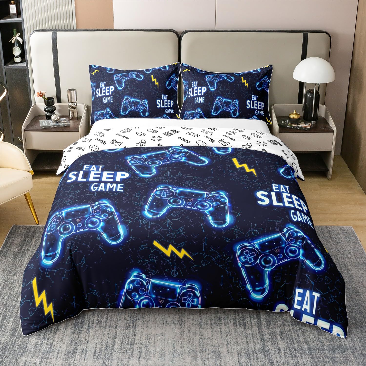 Homemissing Gamer Duvet Cover 100% Cotton King Kids Game Comforter Cover Set Modern Game Console Controller Bedding Set Blue Black Bedspread Cover Quilt Cover No Comforter