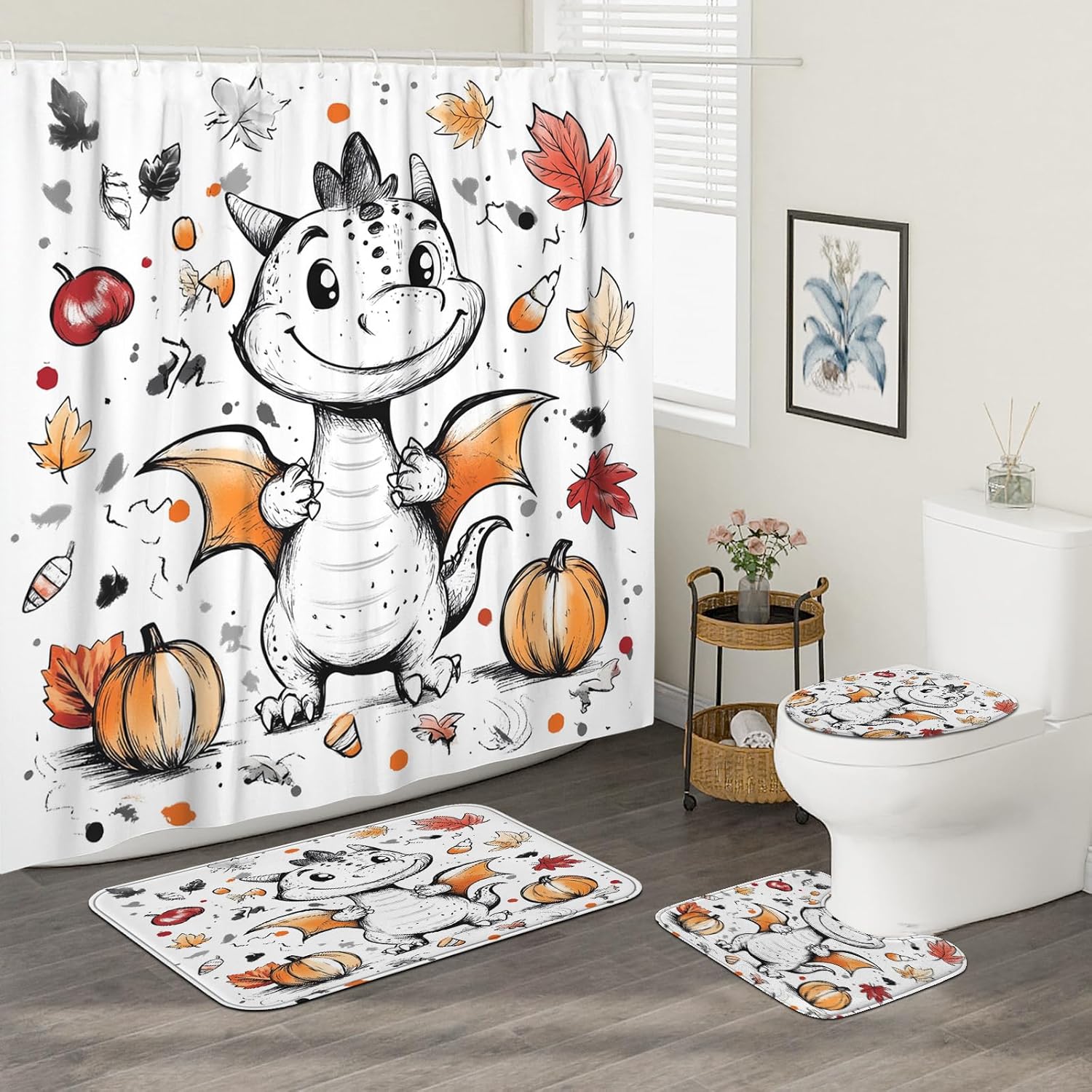 4PCS Cartoon Fall Dragons Bathroom Accessory Sets with Non-Slip Rug, U Shape and Toilet Lid Cover Mat, Autumn Kid Harvest Bathroom Fabric Decor-72''x72''