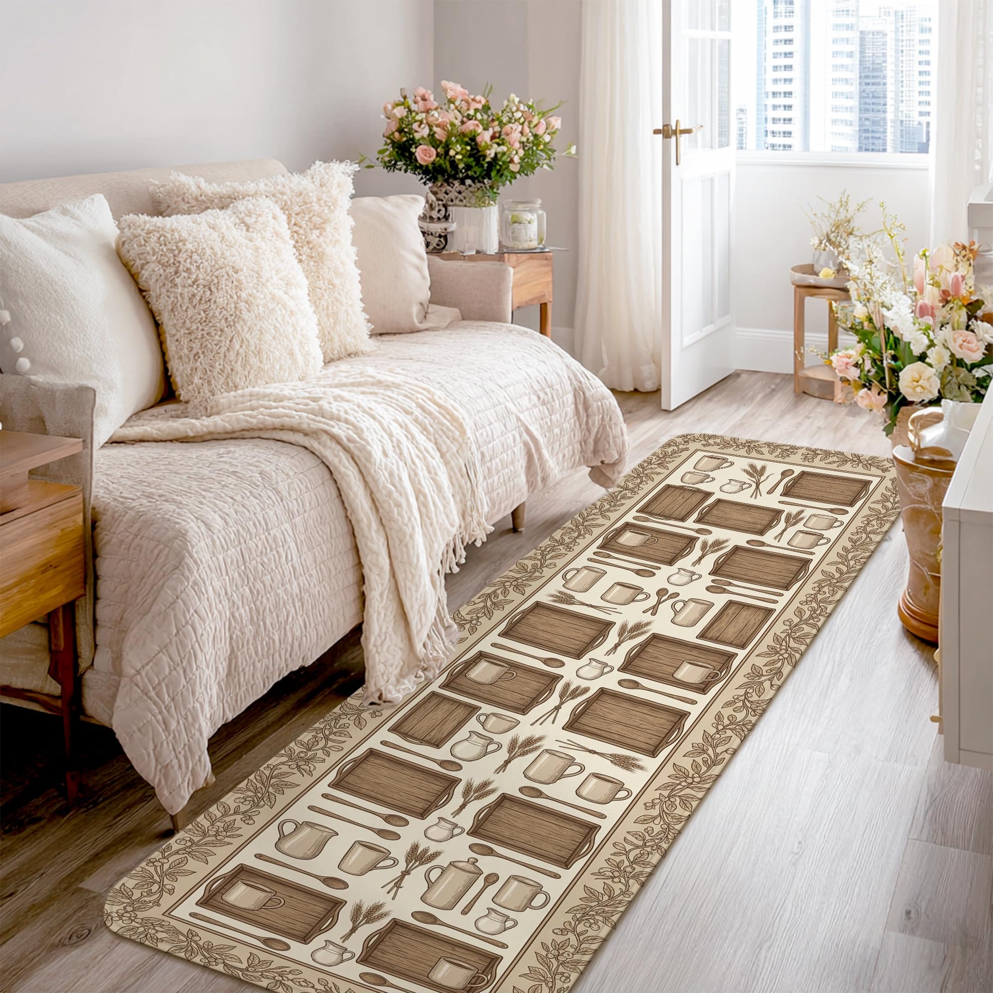 Alfombra de pasillo de pelo bajo vintage marrón rústica decorativa de 2 x 8 pies